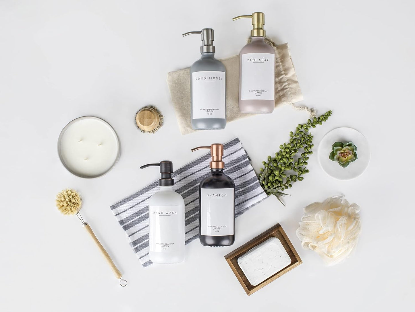 Emerson Essentials Thick Glass Soap Bottle Dispensers, 2 Pack, Non Rust Stainless Steel Pumps Hand Set for Bathroom Kitchen Sink, Shampoo Lotion Liquid Jars, 16 Oz, with 4 Waterproof Labels – White