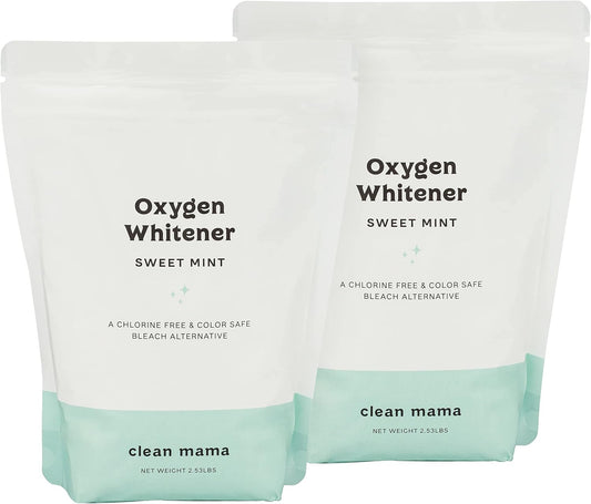 Clean Mama Natural Oxygen Whitener and Stain Remover - Color-Safe Natural Bleach Alternative - Plant-Derived Oxygen Powder, Whitens & Brightens Whites and Colors - Sweet Mint, 2.53 lbs, 2 Pack