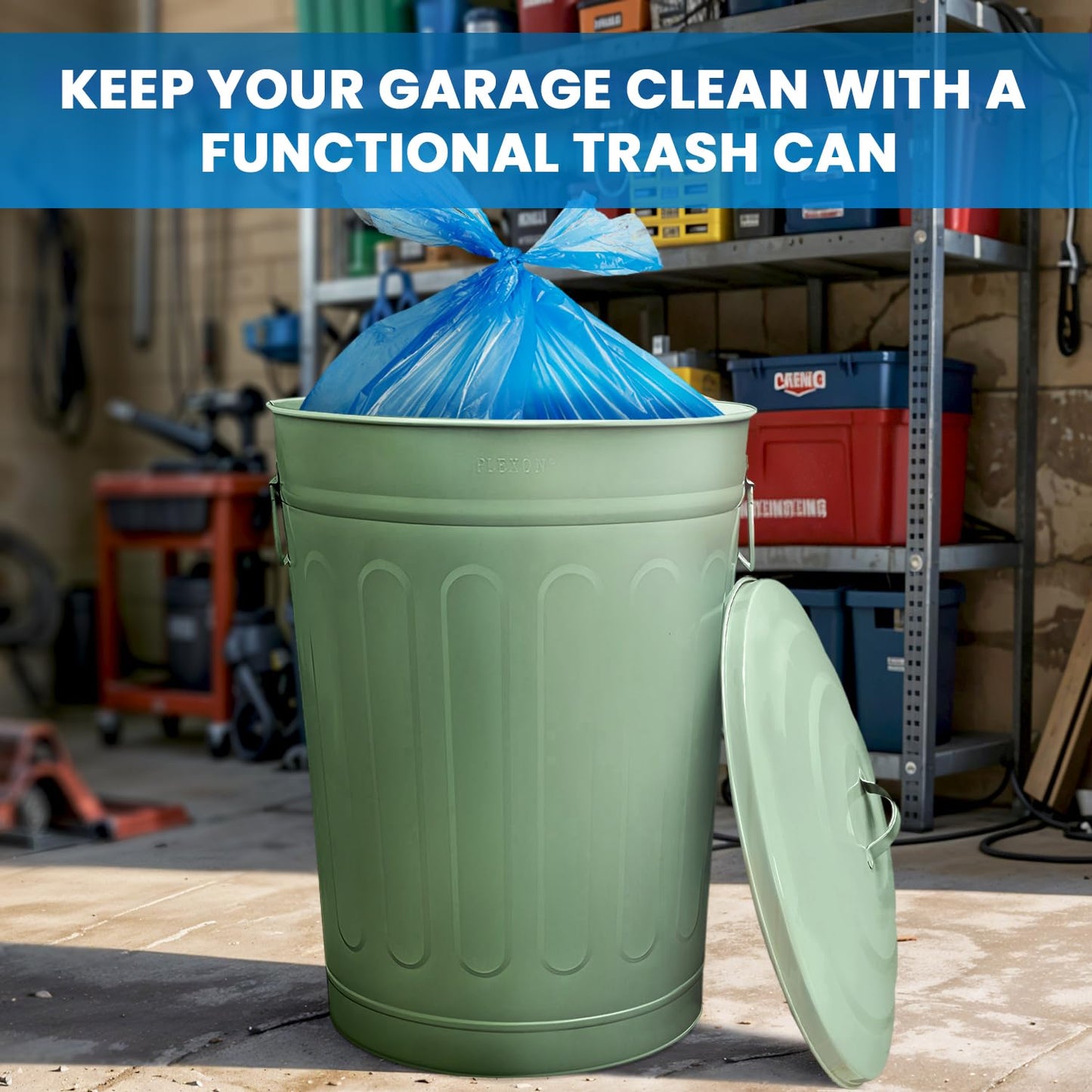 Plexon Round Trash Can 13 Gallon, Vintage Metal Outdoor Trash Can with Lid, Retro Farmhouse Garbage Container, Old School Modern Ash Bucket, Green 6 Pack