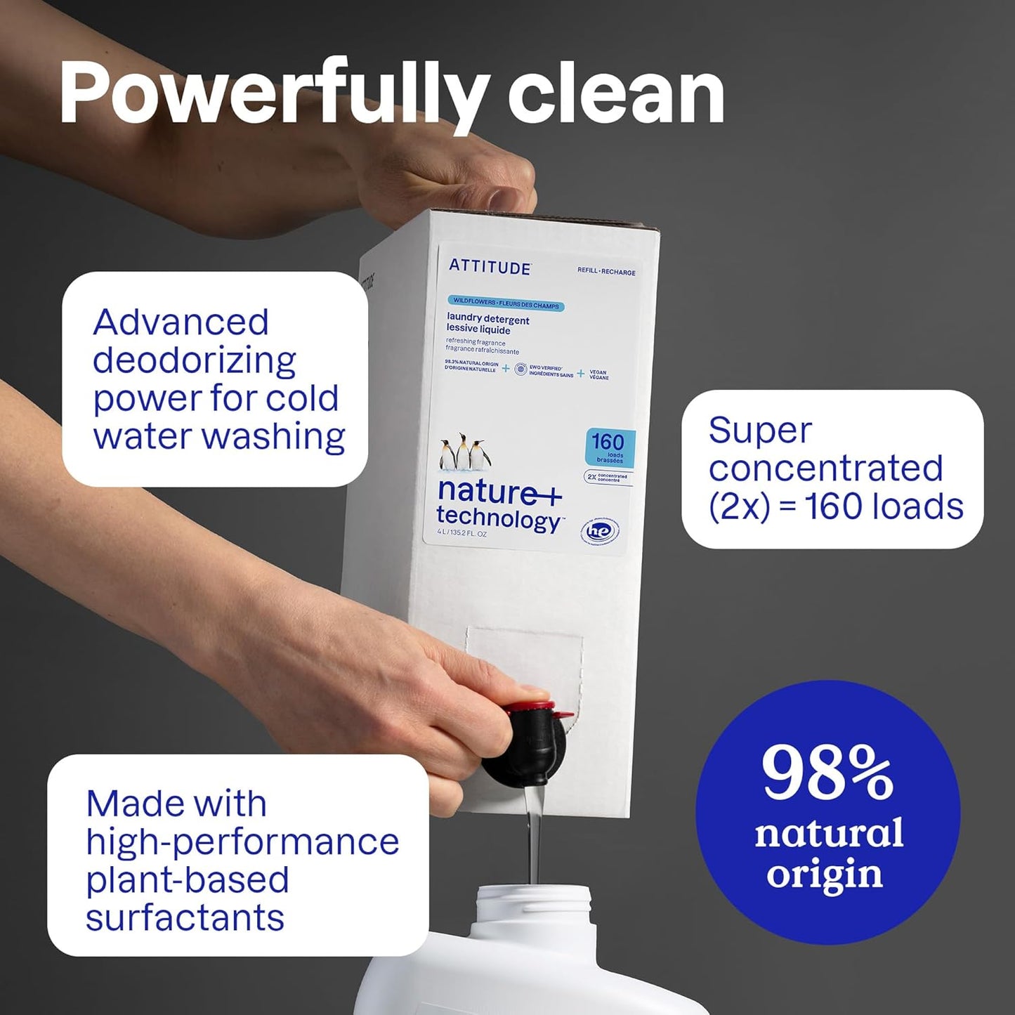 ATTITUDE Liquid Laundry Detergent Refill, EWG Verified, HE Compatible, Plant-Based & Vegan, Natural Laundry Soap, Mountain Fresh Scent, 160 Loads, 135.26 Fl Oz