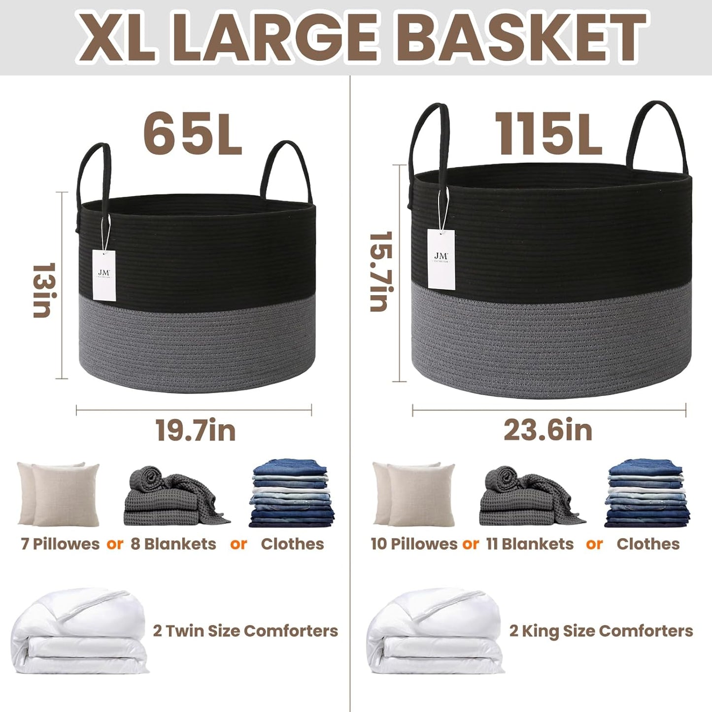 Woven Blanket Basket,115L Large Rope Storage Bin with Handles, Organizer for Blankets Toys Book and Clothes, Laundry Basket for Living Room Bedroom Nursery,Black&Grey