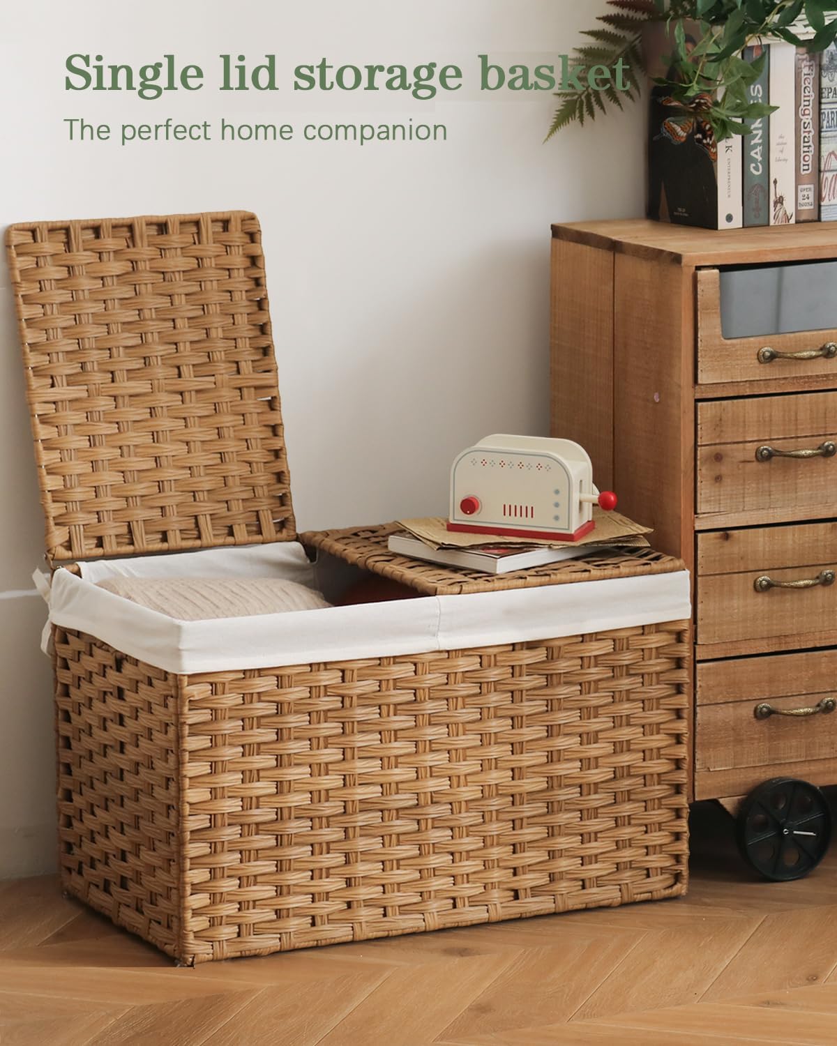 Storage Basket with Lid Wicker Baskets for Storage with 2 Separate Lid 42.3 Gallon (160 L) 29.9 x 17.3 x 18.1 Inches Rattan Woven Large Wicker Basket with 2 Liners for Bedroom Laundry Natural