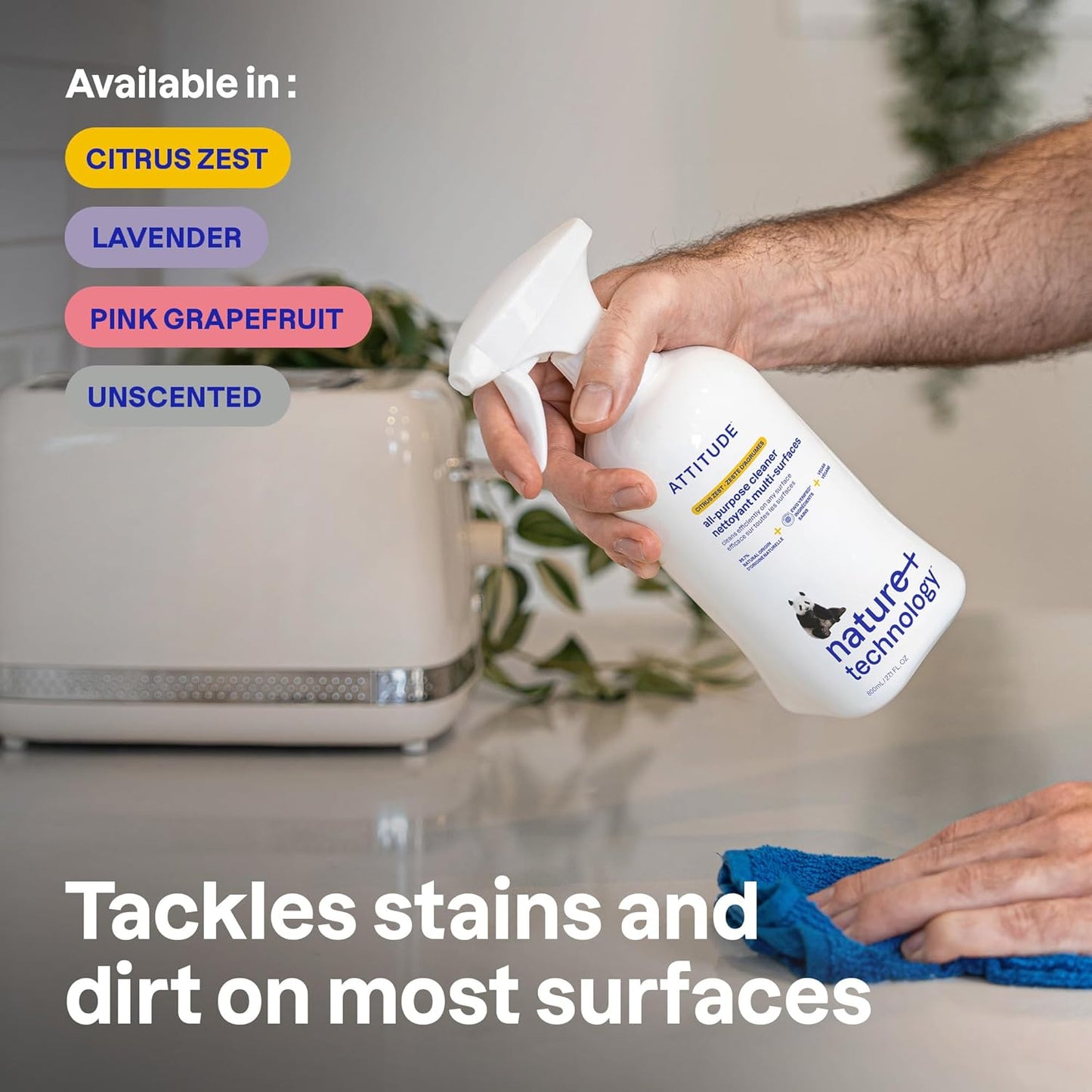 ATTITUDE All Purpose Cleaner Spray, EWG Verified, Vegan, Made with 94% Plant-Based Ingredients, Streak-Free for Kitchen, Bathroom, Glass & More, Citrus Zest Scent, 27.1 Fl Oz