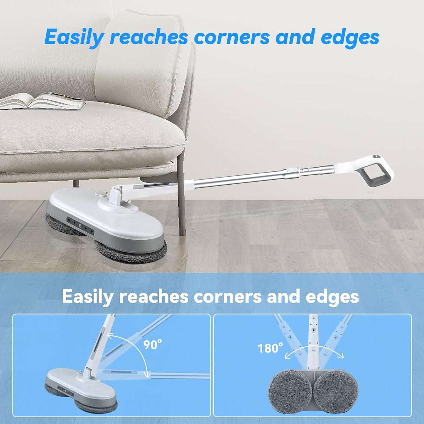 Cordless Electric Mop, Dual Motor Powerful Spin Mop 2600 mAh, Floor Polisher,1H Rechargeable Power Mops with LED Light/Water Sprayer, Electric Mops for Floor Cleaning for Hardwood, Tile, Rotate 180°