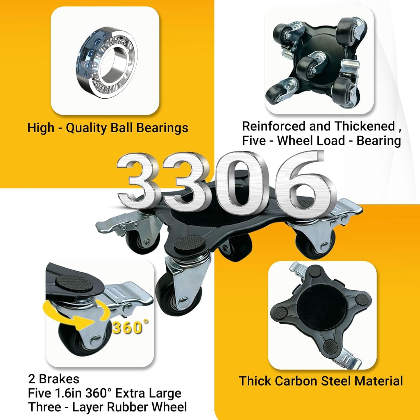 3306Lb Furniture Dolly Set, Furniture Movers with 5 Wheels Heavy Duty, Carbon Steel Panel Heavy Duty Dolly, 360° Rotation with Brake, Double Bearings, Furniture Lifter Move Tool
