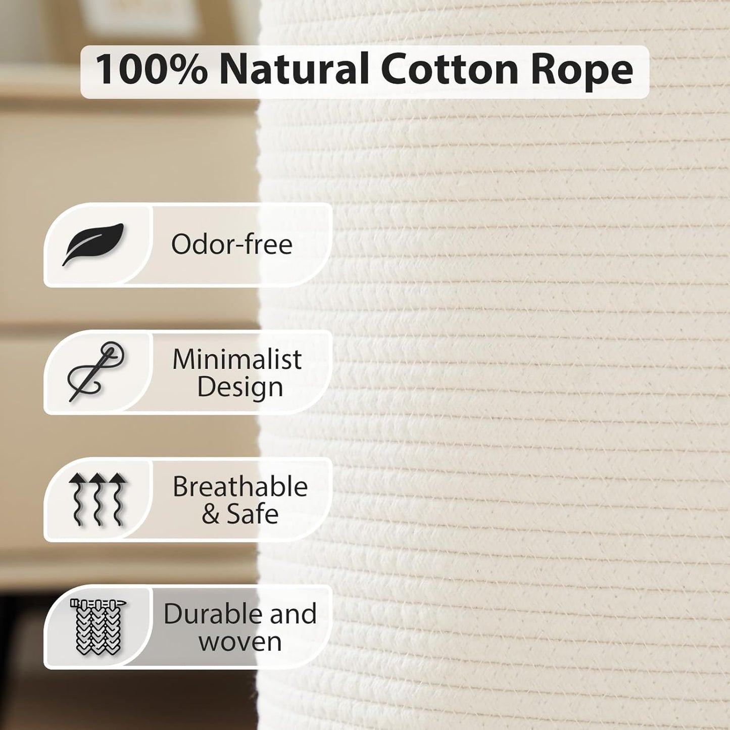 Fiona's magic Woven Rope Laundry Hamper, Tall Laundry Basket for Blanket Storage, Large Dirty Clothes Hamper for Toys, Decorative Baby Nursery Hamper for Bedroom, Living Room - White, 72L