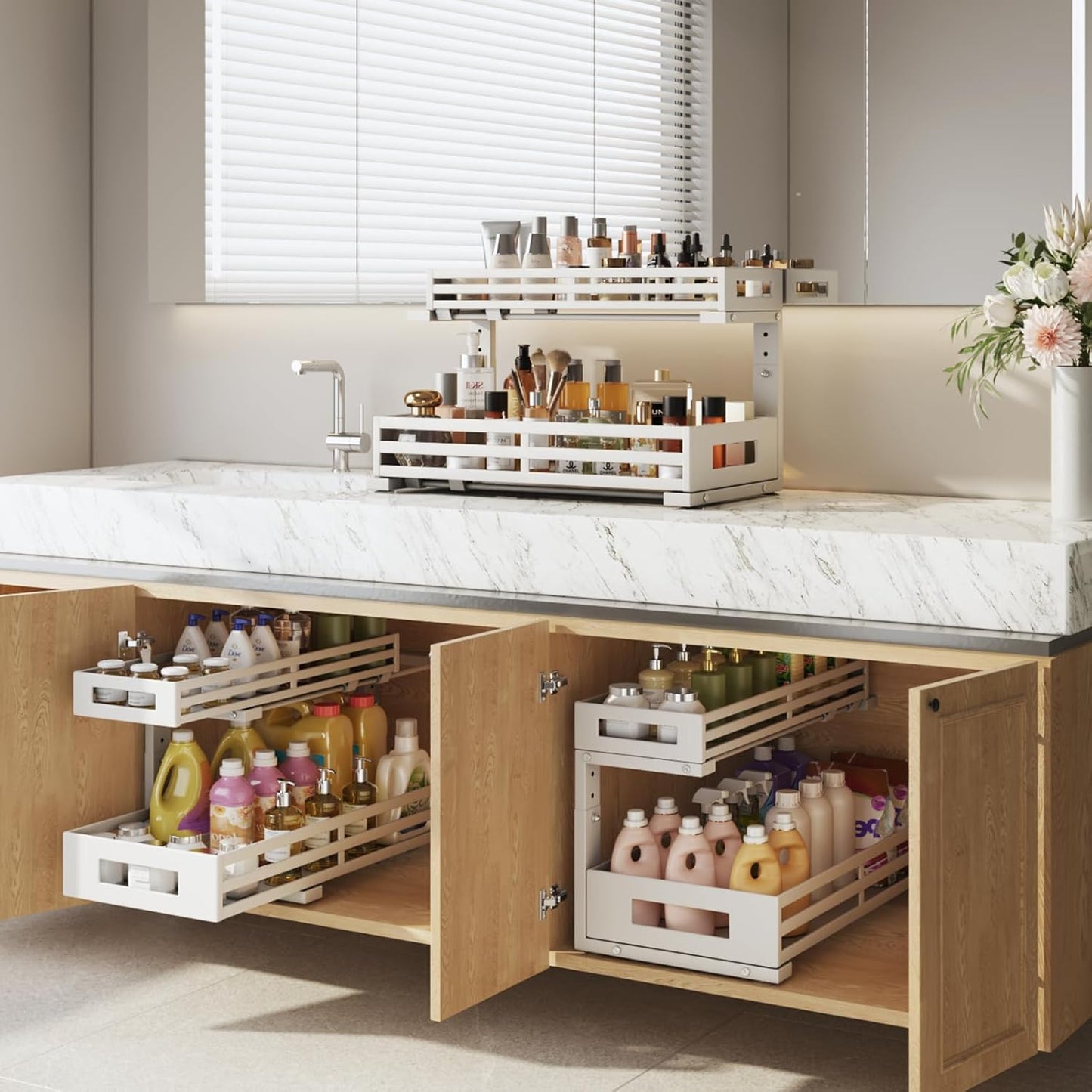 2-Pack 19"Deep Under Sink Organizer And Storage, 2-Tier L-Shaped Pull Out Cabinet Organizer with Upgraded Slide Rails, Height Adjustable Drawers for Kitchen&Bathroom, Extra-Large Storage Shelves–Gray