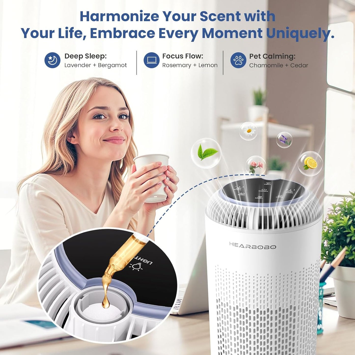 H13 True HEPA Air Purifiers for Home Large Room up to 1350 ft² with Aromatherapy, Hearbobo Air Cleaner for Pets Bedroom – Removes Dust, Smoke, Odors, Pollen, Quiet for Office & Allergy Relief