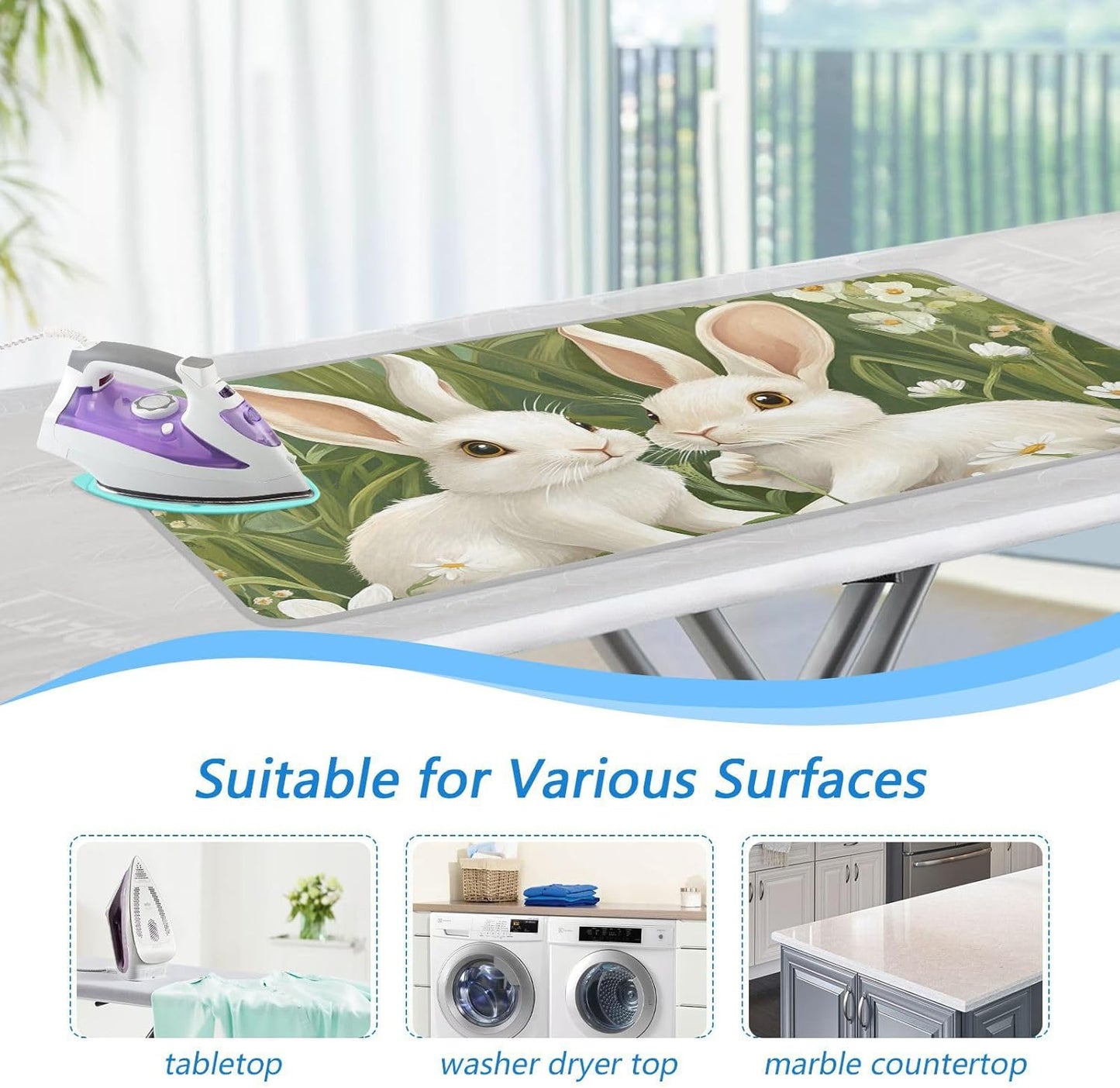 Green Easter Bunny Daisy 01 Ironing Mat for Table top Portable Ironing Pad Blanket for Washer Dryer Countertop Travel