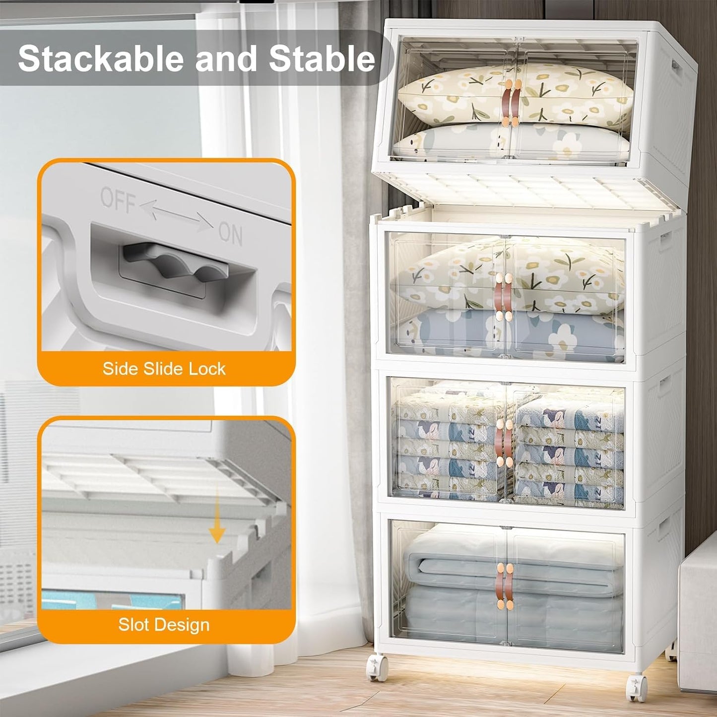 Extra Large Stackable Storage Bins with Lids & Wheels & Door, 1280QT-160QT/40GAL*8Pack Foldable Collapsible Closet Organizers, Plastic containers drawers for bedroom Dorm