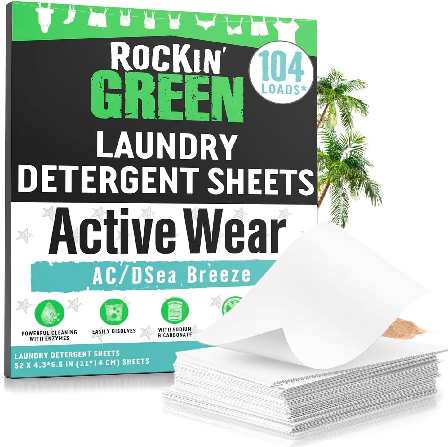 Rockin' Green Active Wear Travel Laundry Detergent Sheets - Mess-Free Laundry Sheet Detergent with Sodium Bicarbonate - Easily Dissolvable Laundry Soap Sheets (104 Loads, AC/DSea Breeze)