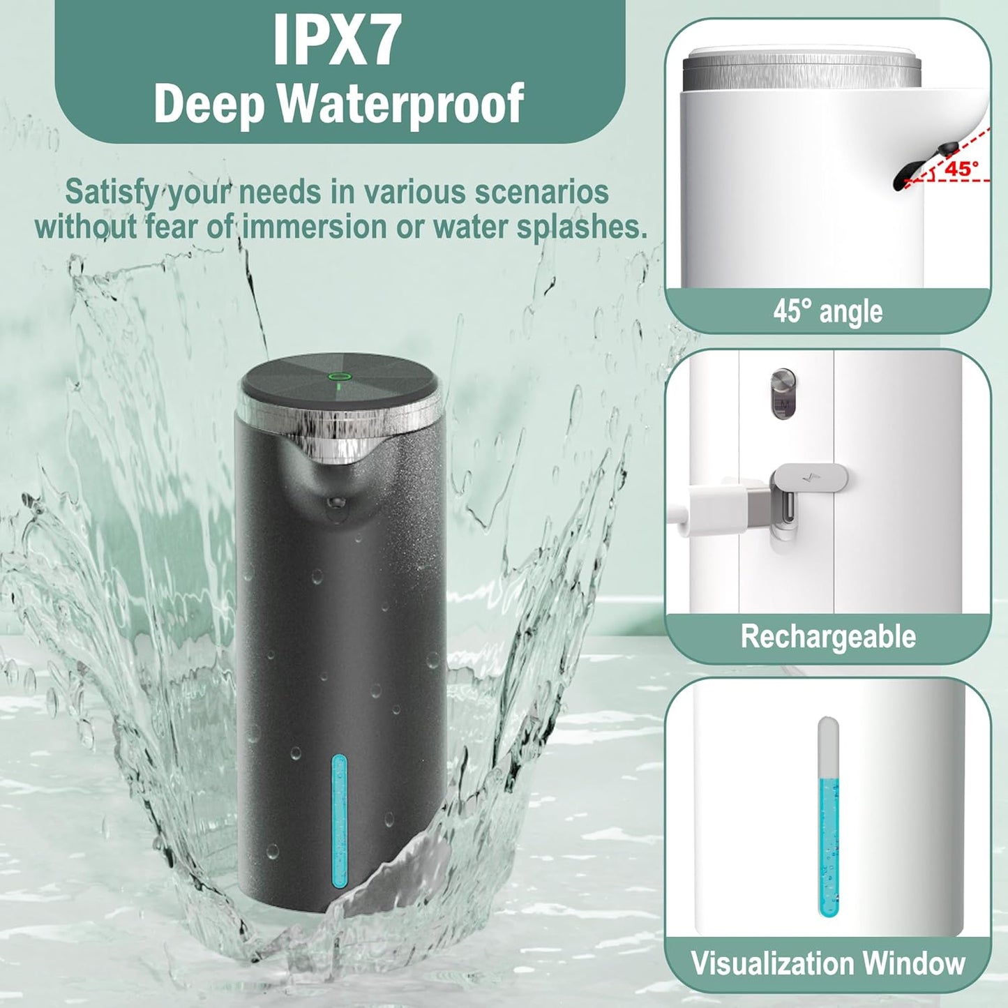 Automatic Foaming Soap Dispenser Touchless(Upgrade Auto & Manual Modes) - IPX7 Waterproof - Adjustable Foam Volume -1500mAh USB Rechargeable Hand Soap Dispenser
