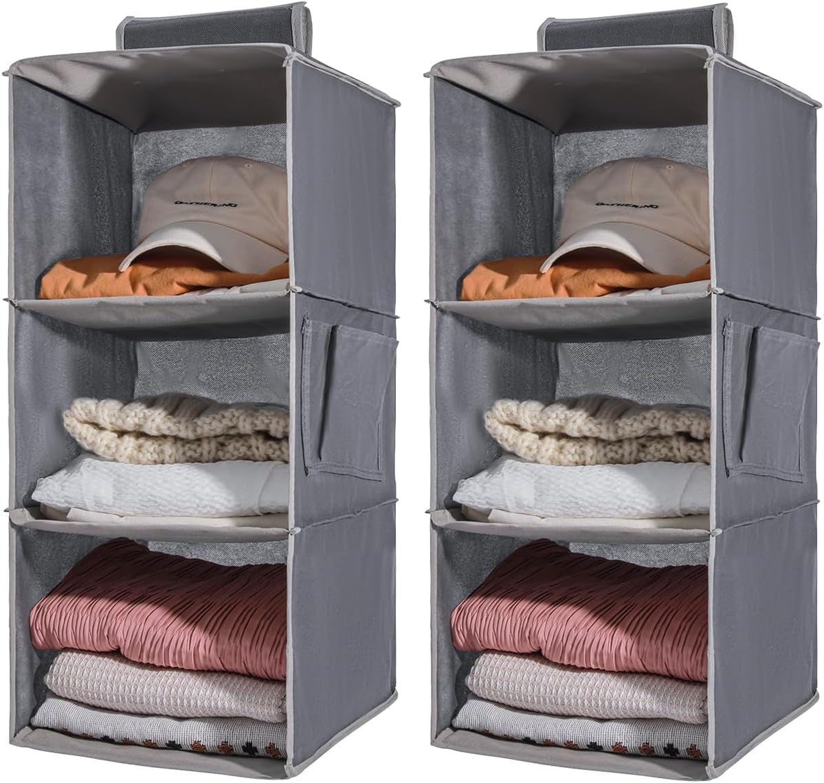 2 Packs Hanging Closet Organizer Stroage, 3-Shelf Hanging Shelves with Bamboo Inserts & Side Pocket, Grey