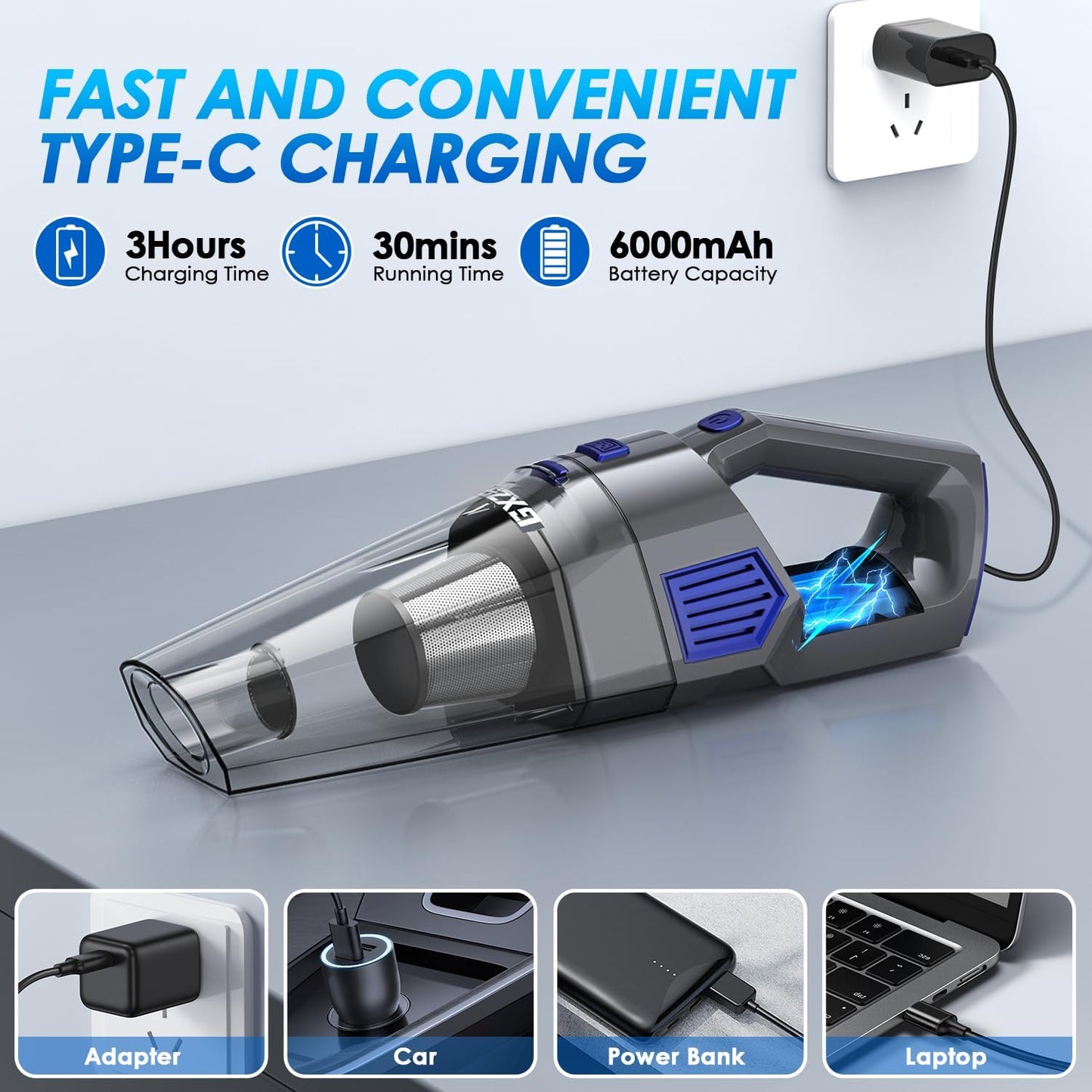 Handheld Vacuum Cordless, 15000PA Strong Suction Hand Held Car Vacuum Cleaner Rechargeable, Portable Hand Vacuum with Multi-Nozzles & Washable Filter for Home Office, Car, Pets
