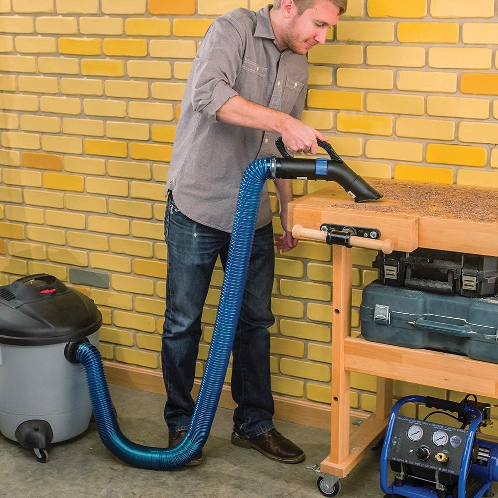 Dust Right 2.5'' Shop Vac Hose Kit – Expandable Blue Shop Vac – 2-1/2” Elastic, Flexible Polymer Vacuum Hose Extend up to 12’ L – Kit Includes 2.5” Expandable Hose, 2-1/2 Hose Clamp, Swivel Fittings