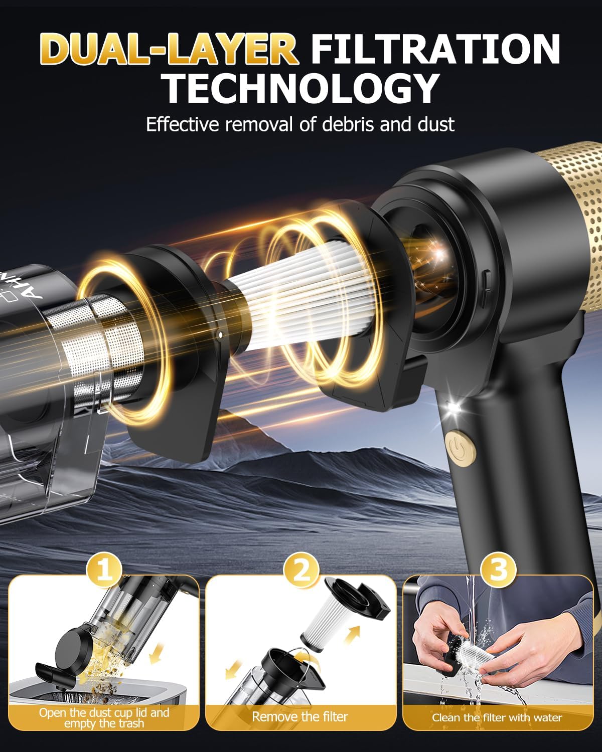 AHNR Handheld Car Vacuum Cleaner Cordless with 16000PA Powerful Suction, 4-in-1 Portable Mini Vacuum Cleaner & Air Duster with Multi-Accessories, Hand Held Vacuum Cordless Rechargeable for Car Home