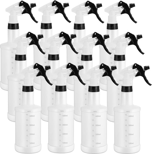 Eccliy 12 Pcs 16 Oz Plastic Spray Bottle, Adjustable Empty Reusable Sprayer for Cleaning, Planting, Water, Bathroom and Kitchen, BBQ, Commercial and Residential (Black&white)