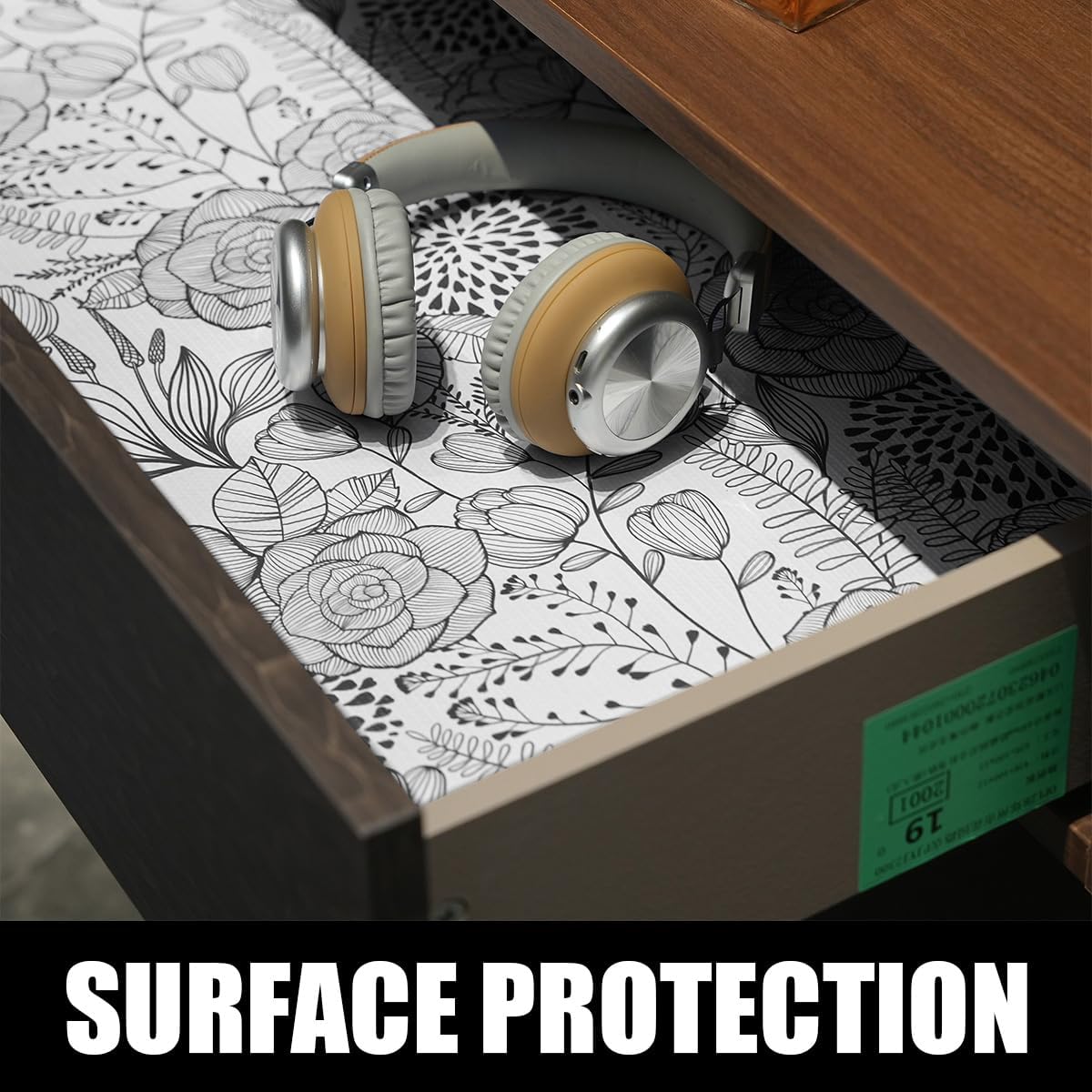Floral Drawer and Shelf Liner for Kitchen 16IN x 20FT, Non-Adhesive and Strong Non-Slip Cabinet Drawer Liners, Waterproof Thickened Shelf Liner,Easy to Clean,Black and White