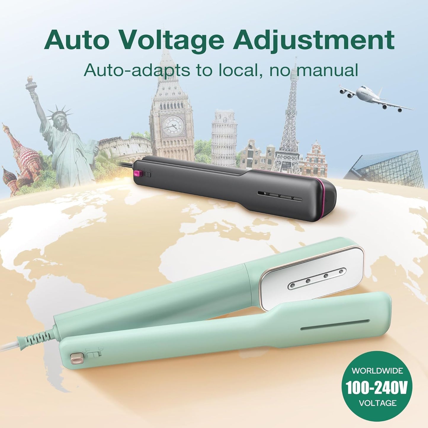 Newbealer 3in1 Clamp Travel Steam Iron with Global Voltage, 100-240V Clothes Steamer, Dry Ironing & 2 Steam Levels, Non-Stick Ceramic Soleplate, Auto-off, Self Cleaning, w/Detachable Clamp (Green)