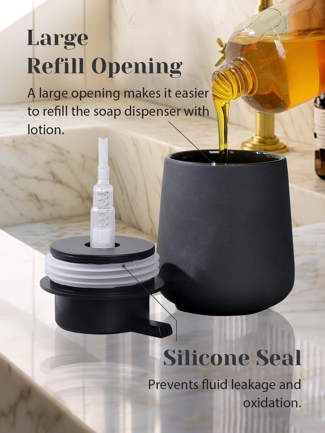 INGOFIN Ceramic Lotion Dispenser - 12oz Refillable Hand Soap Dispenser Bathroom, Modern Liquid Soap Dispenser with Pump, Dish Dispenser for Kitchen, Matte Grey