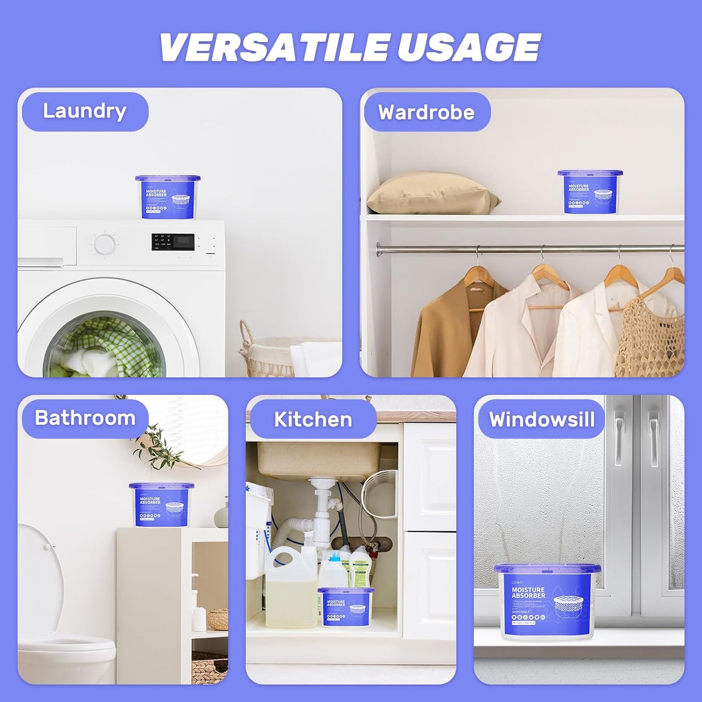 CLEVAST Moisture Absorbers Boxes, 10 OZ, 6 Pack, Dehumidifier Box for Closet, Unscented Hanging Humidity Absorber in Wardrobes, Bedrooms, Bathrooms, RV