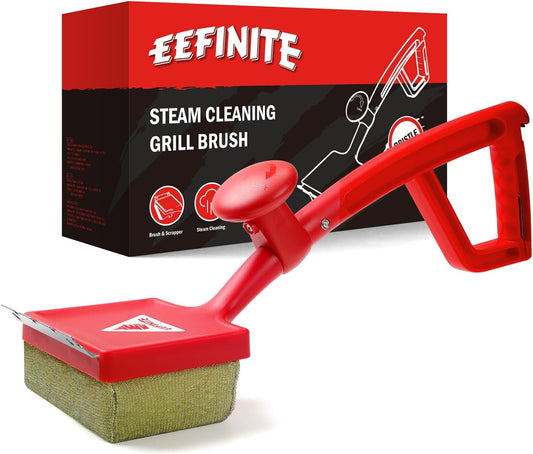 Grill Brush Cleaner for Outdoor, EEFINITE BBQ Steam Cleaning Grill Brushes with Replacement Scrub Sponge + Superior Scraper, Safe Bristles Free Barbecue Scrubbers Brush for Gas Charcoal Grates, Red