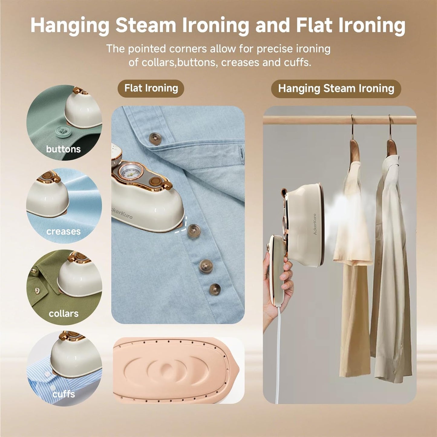 Travel Steamer for Clothes,1200W Portable Handheld Mini Garment Steamers,Steamer ＆ Iron 2 In 1,Large Ceramic Heat Panel,200ml Water Tank,20s Heat Up,Beige,110V-120V