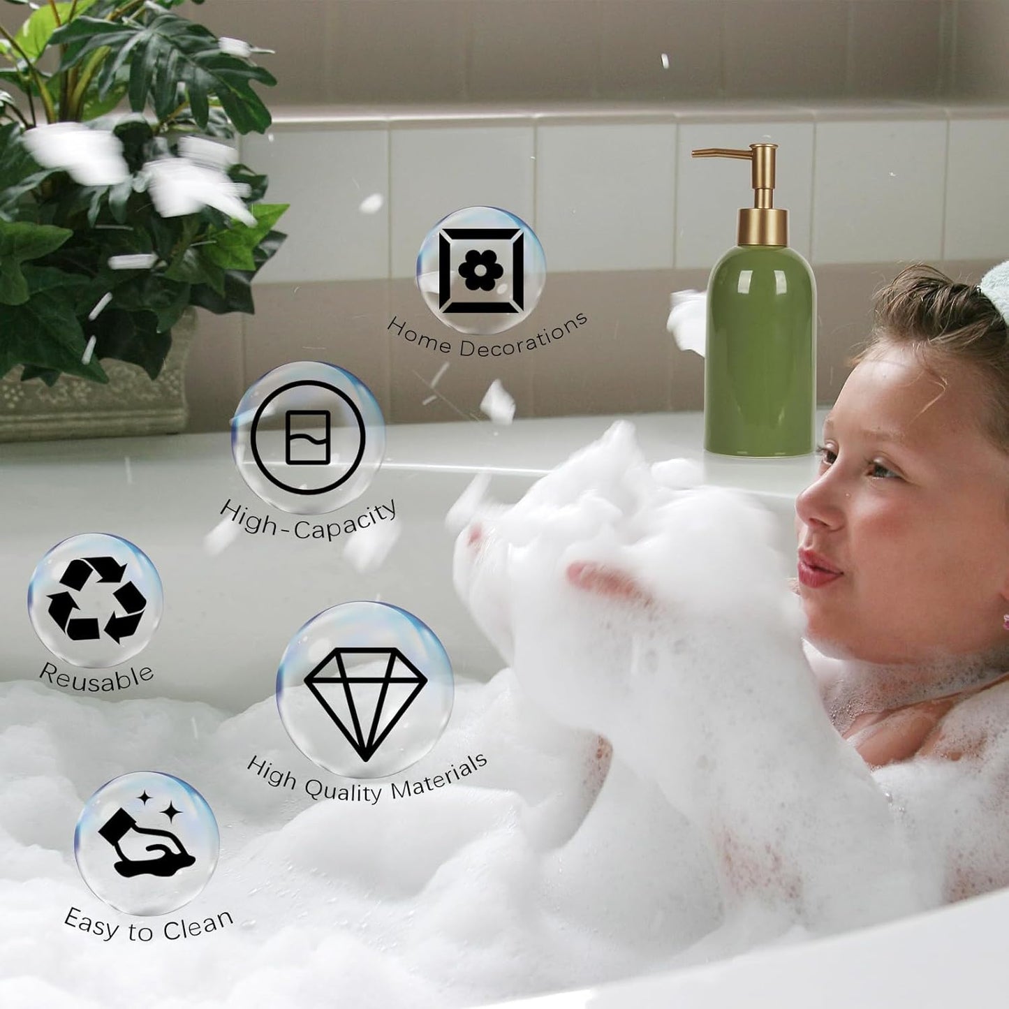 Natheeph 14OZ Ceramic Soap Dispenser Ceramic Soap Pump Dispenser Can Fill Liquid for Bathroom/Kitchen (Green)