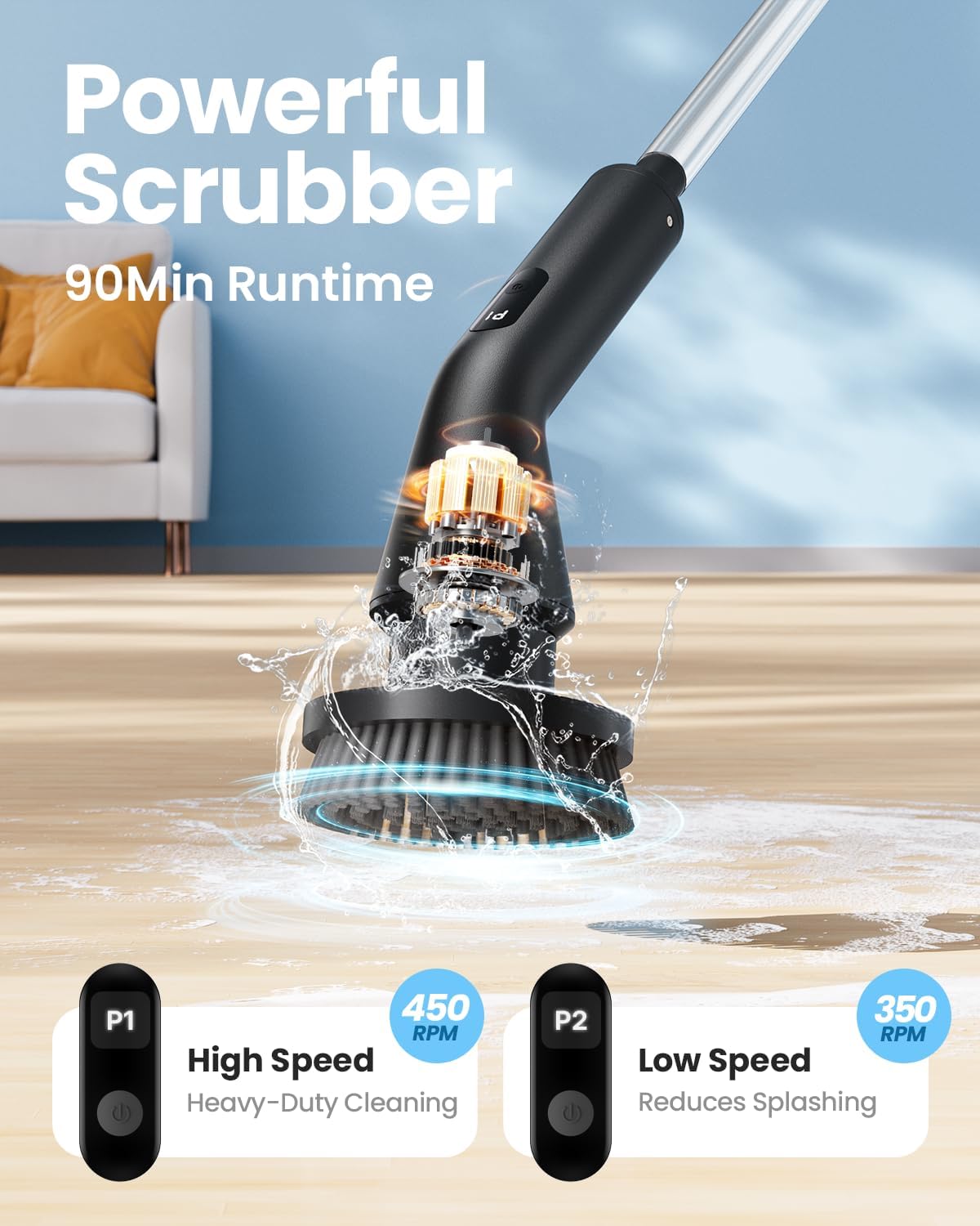Electric Spin Scrubber, 2025 New Cordless Cleaning Brush for Home, IPX7 Waterproof Spin Scrubber with 7 Brush Heads, Adjustable Long Handle and 2 Rotating Speeds for Bathroom Tub Floor