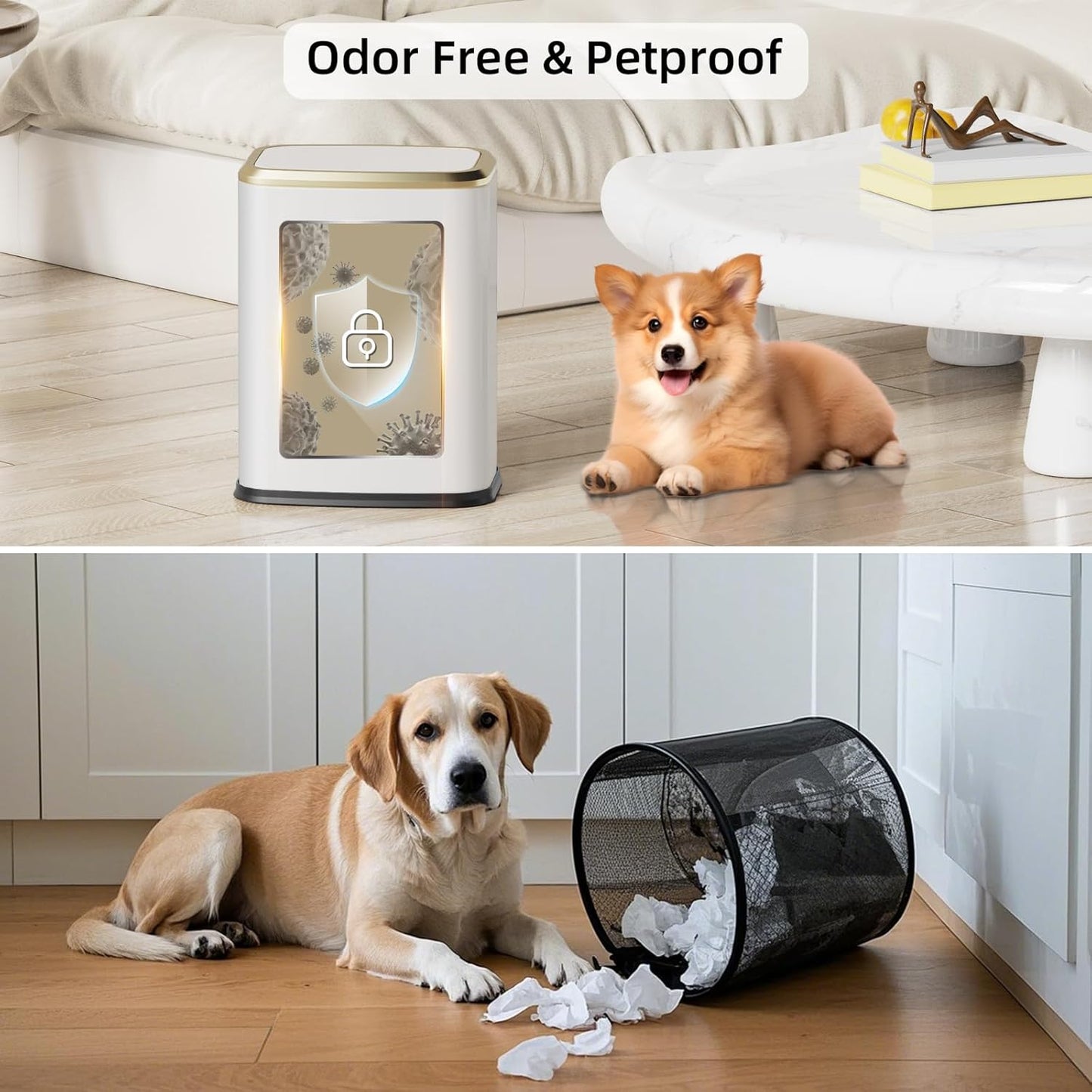 8L/2.1 Gallon Small Bathroom Trash Can with Lid, Swing-Top Rectangular Waste Bin, Stainless Steel Garbage Can for Home, Office, Toilet, Bedroom, Living-Room (White)