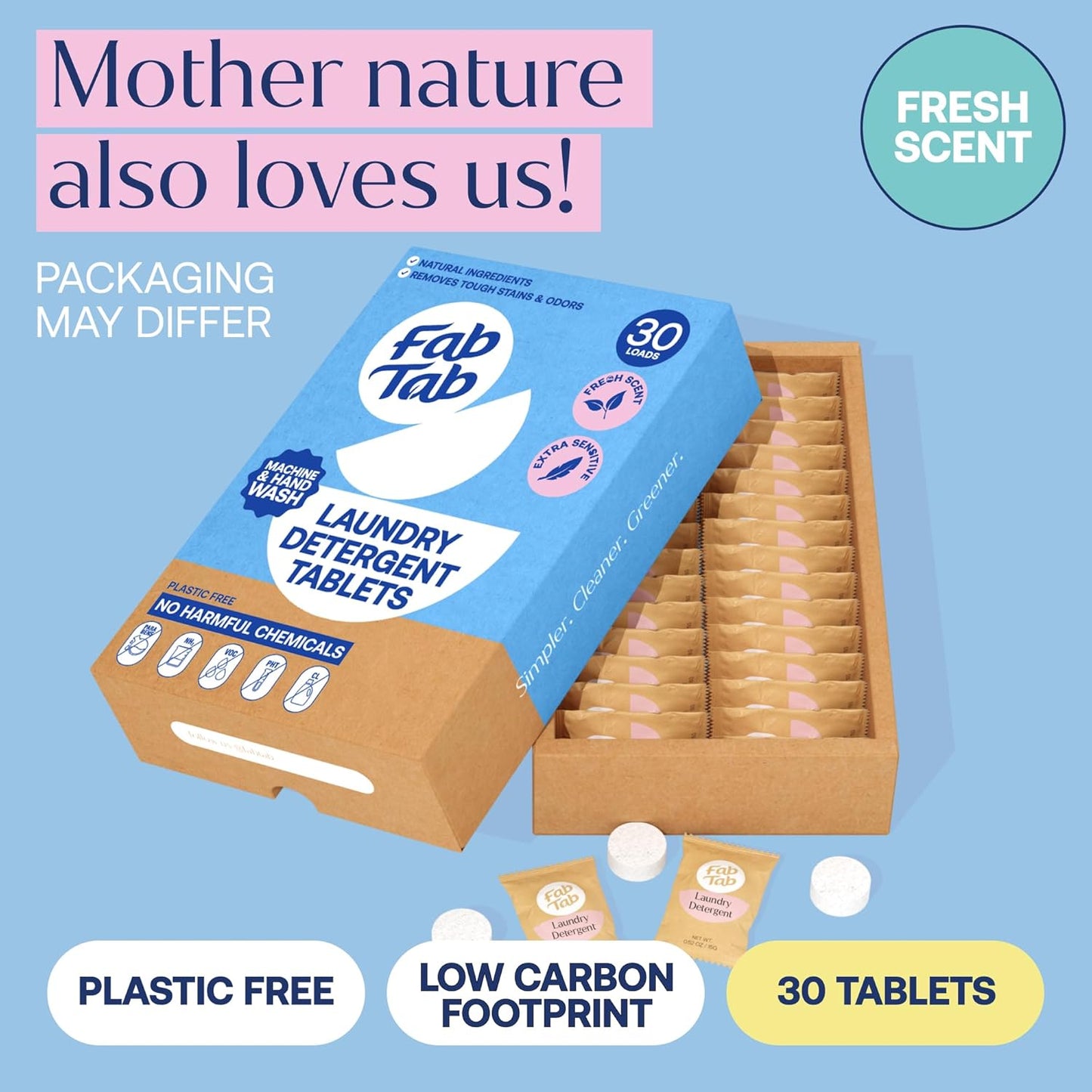 Fab Tab Laundry Detergent Tablets, Plant-Based Formula, Removes Tough Stains, Plastic-Free Alternative to Pods, All Washing Machines (30 Count, Floral)