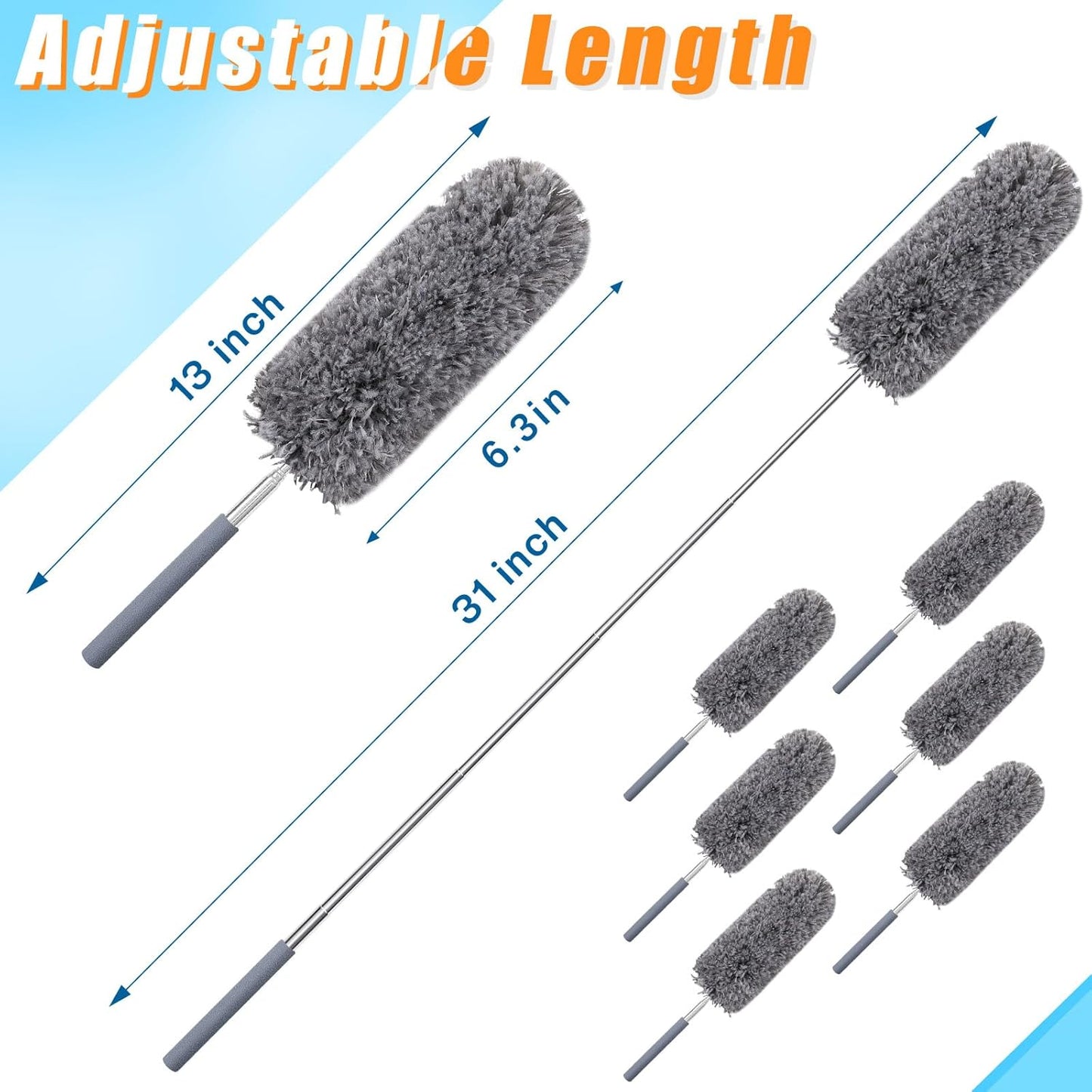 Tanlade 12 Pcs Microfiber Feather Duster for Cleaning 13-31 Inch Extendable Cobweb Dusters Ceiling Fan Duster Washable Bendable Tool for Office Car Window Furniture (Gray)