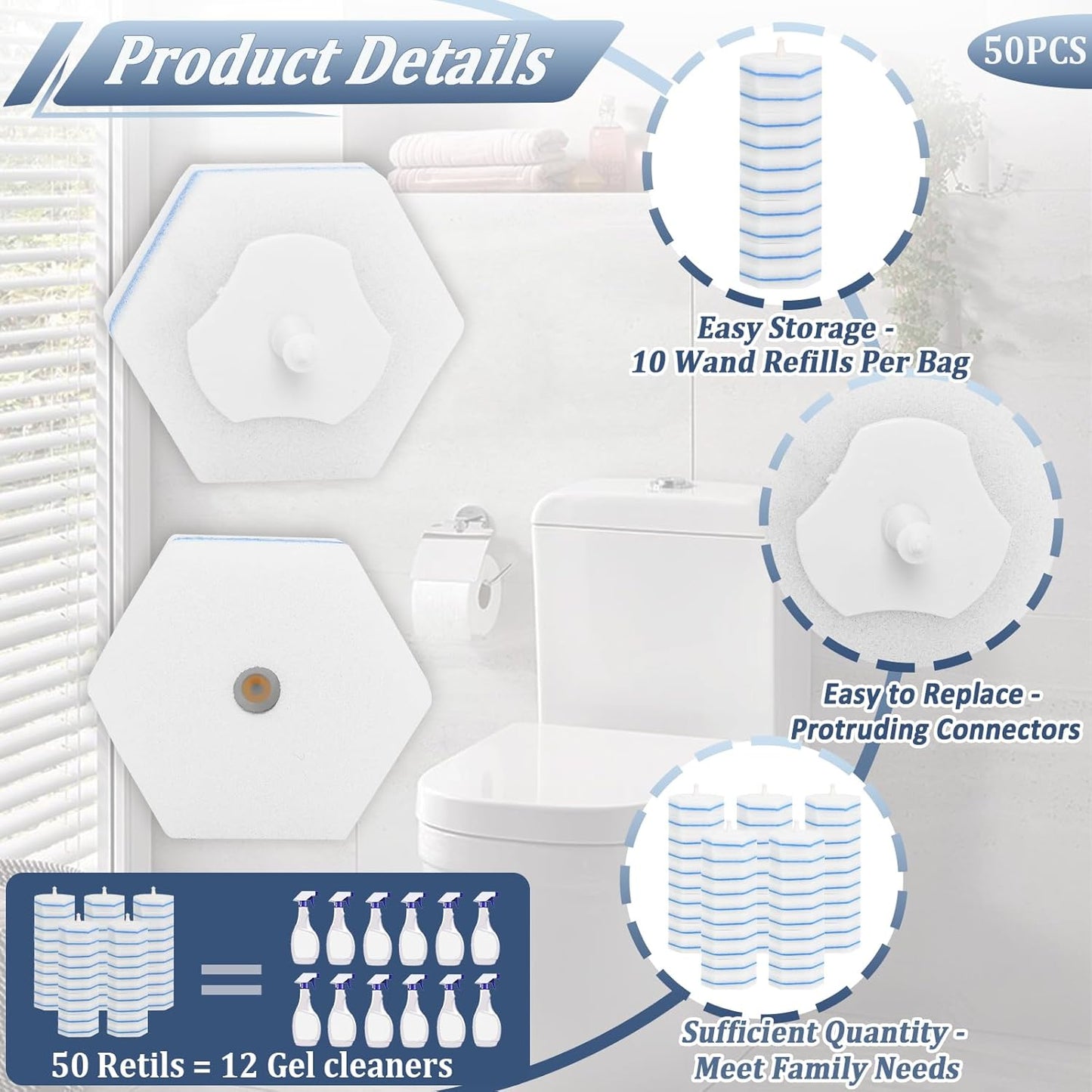 Disposable Toilet Bowl Wand Refills, Wand Replacement Head for Bathroom Deep Cleaning, Disposable Toilet Cleaner Refill Pads Compatible with Most Toilet Brushes(50 Packs)