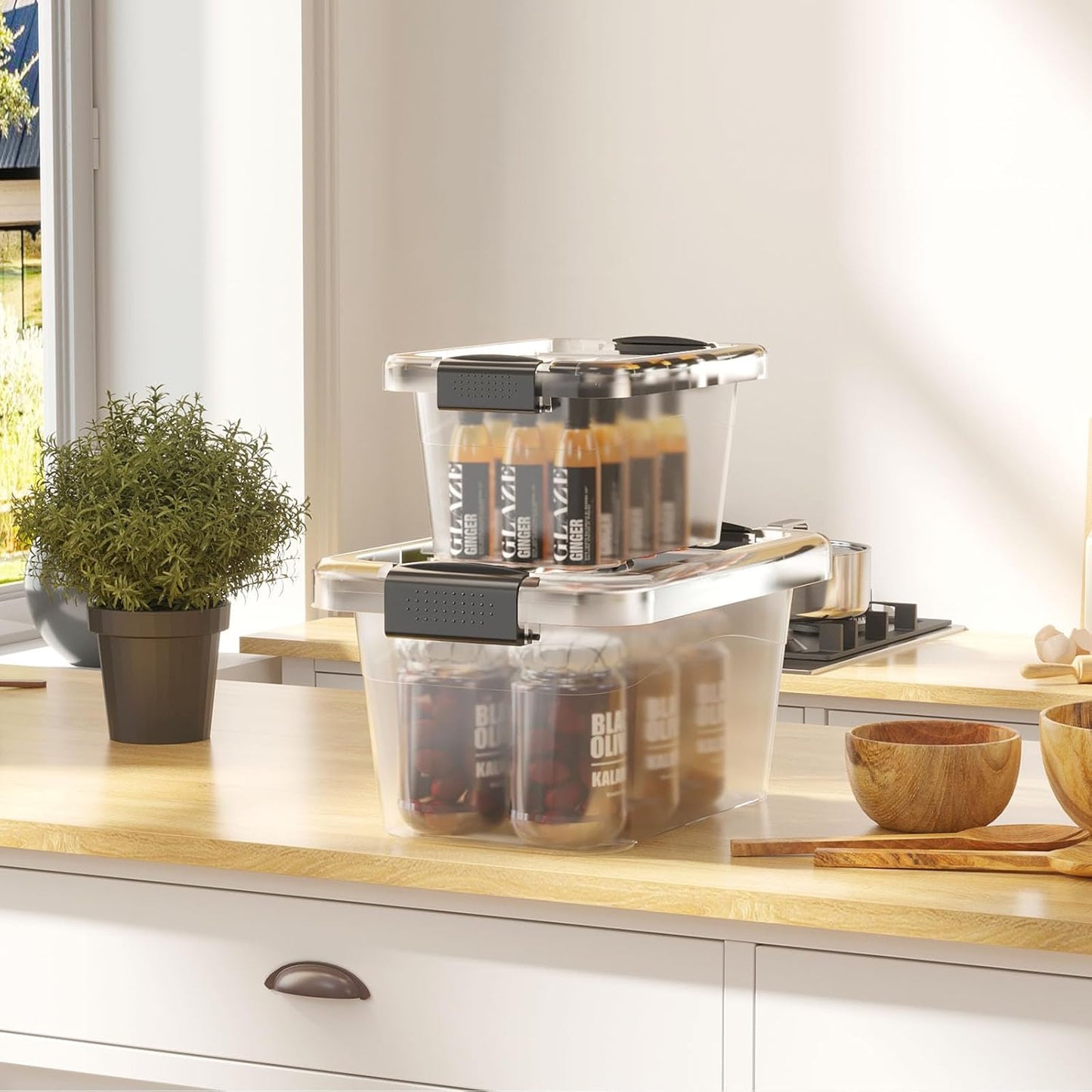 Nazhura Plastic Storage Bin, Stackable and Nestable Storage Boxes with White Lids and Secure Latching Buckles, Large Storage Container (CLEAR, 6QT 12PACK)