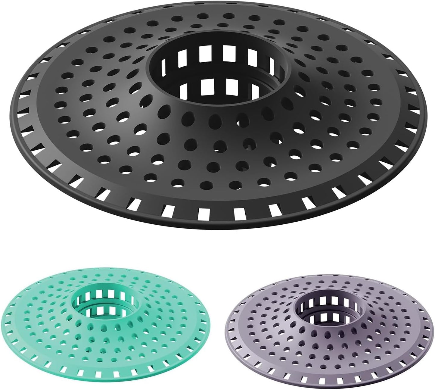 Shower Hair Drain Catcher, Silicone Bathtub Drain Hair Catcher Strainer, All-in-one Tub Hair Catcher Drain Protector for 1.48'' to 1.76'' Regular Drains, 3PCS/Black Aqua Purple