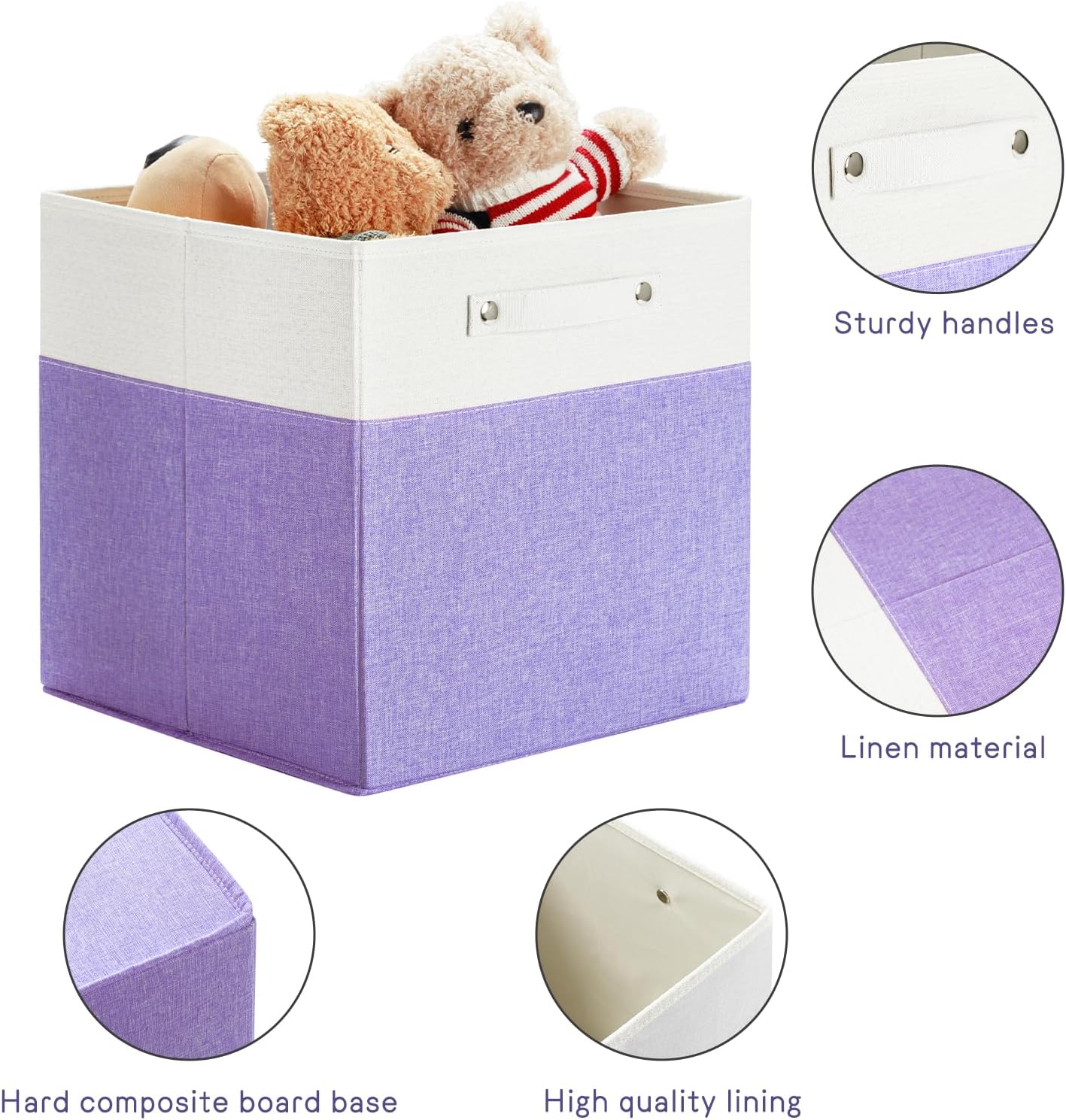 13 x 13 Inch Fine Linen Storage Bins with Handles，Fabric Cube Boxs，Collapsible Basket Organizers for Shelves for Home, Closet Drawers (White/Purple-6 Pack)