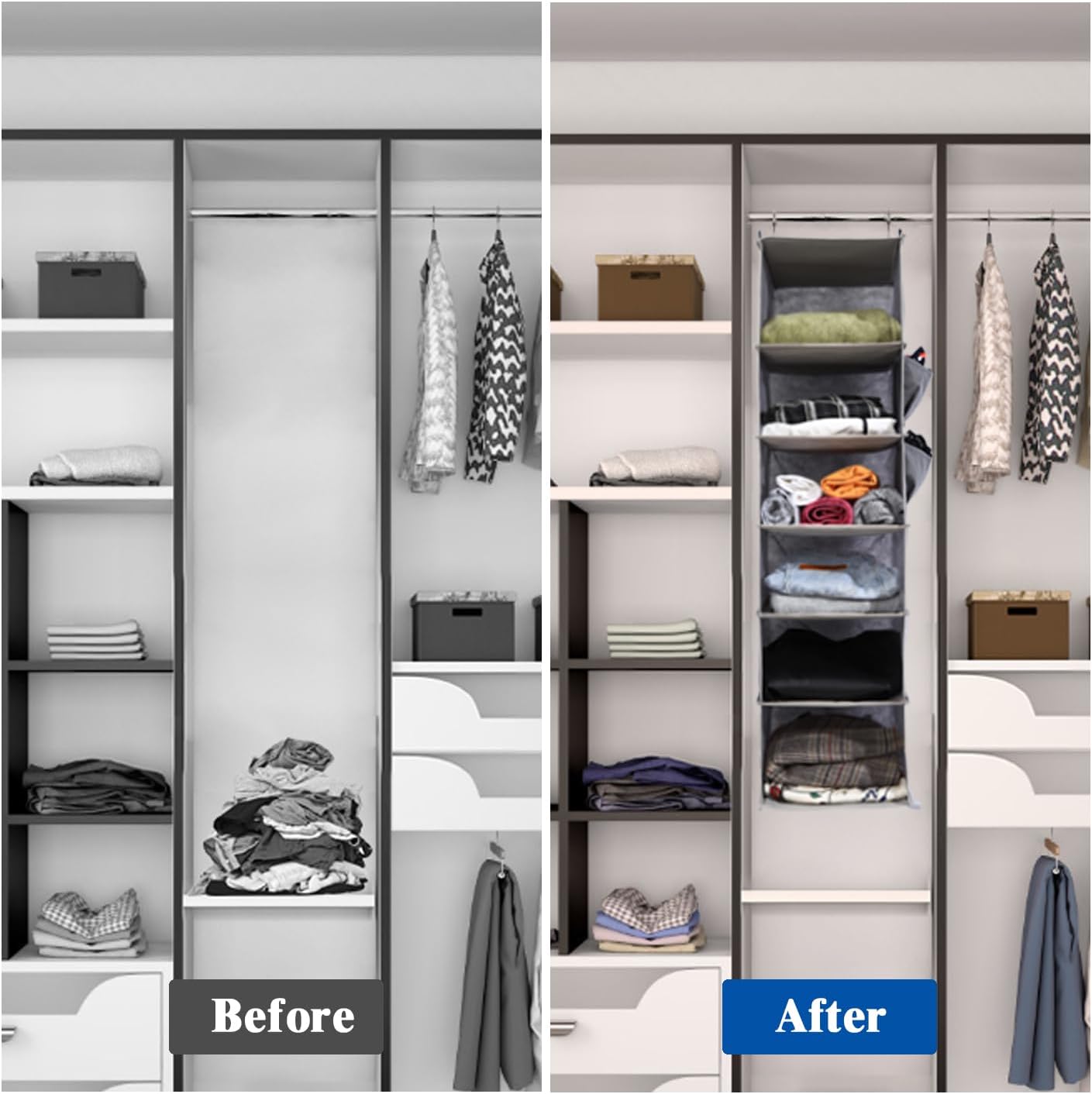 2 Packs Hanging Closet Organizer, 4-Shelf Closet Organizers and Storage with Side Pockets, Collapsible Hanging Shelves for Closet & RV & College Dorm,Black