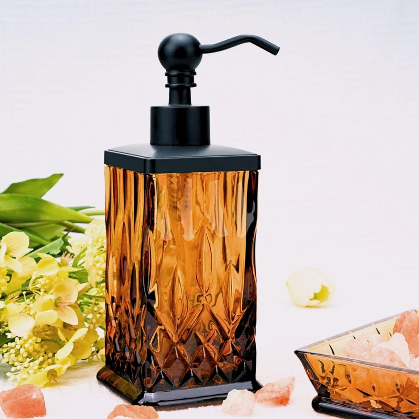 10Oz Amber Glass Soap Dispenser,Heavy Glass & Leak-Proof Rust-Resistant Pump for Kitchen Dish Soap, Bathroom Hand Wash,Vanity Essential Oil,Luxury Bath Decor(Square)