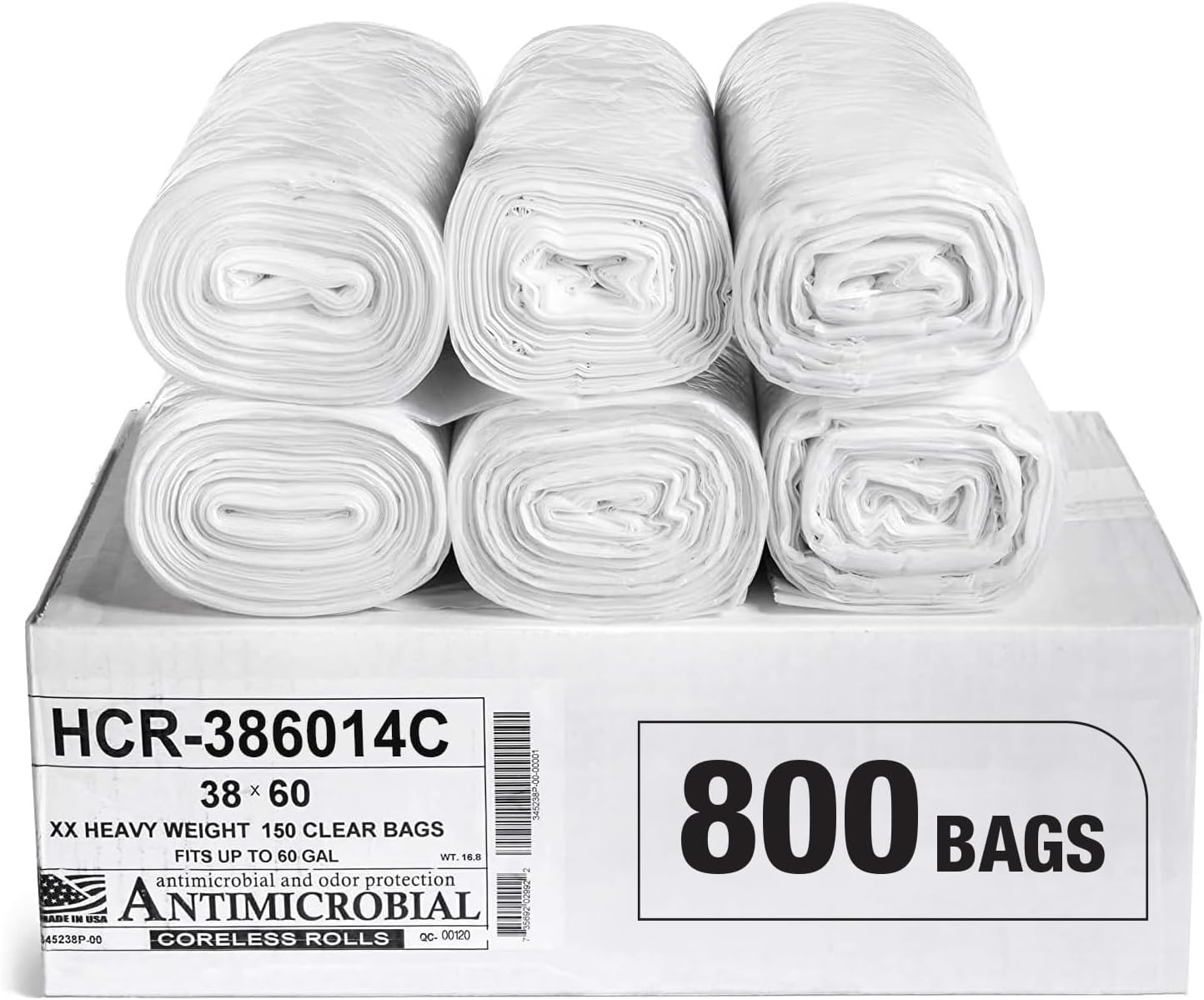 Aluf Plastics High Density Trash Bags, 60 Gallon, 800 Count, 14 Micron (eq), 38" x 60", Clear, for Bathroom, Office, Industrial, Commercial, Janitorial, Municipal, Recycling