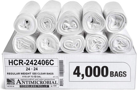 Aluf Plastics High Density Trash Bags, 10 Gallon, 4000 Count, 6 Micron (eq), 24" x 24", Clear, for Bathroom, Office, Industrial, Commercial, Janitorial, Municipal, Recycling