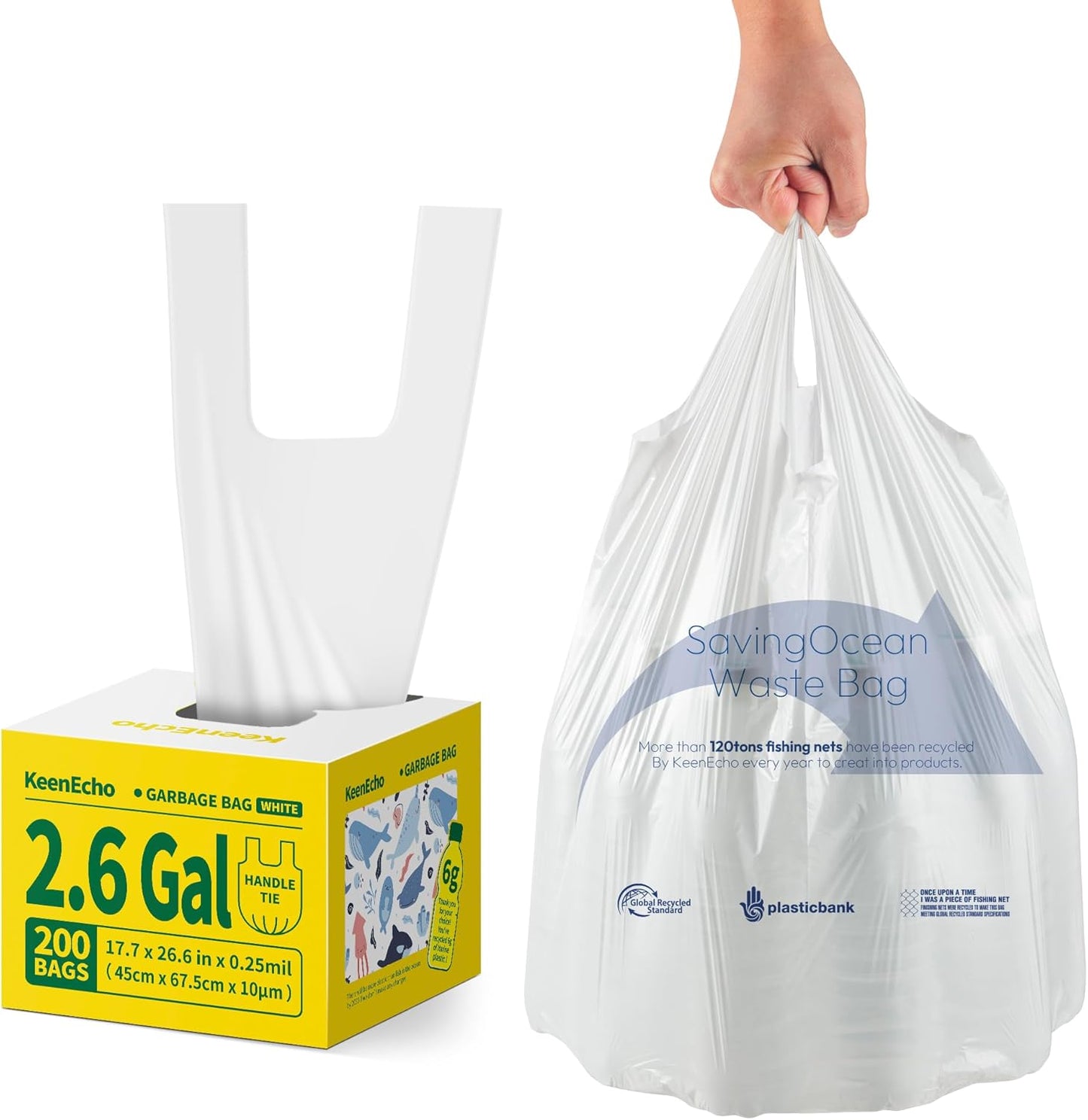 Small Trash Bags with Handles 2.6 Gallon 200 Count White - Ocean Plastic Upcycling - Plastic Garbage Bags, Can Bin & Waste Basket Liner for Kitchen, Bathroom, Office and Pets