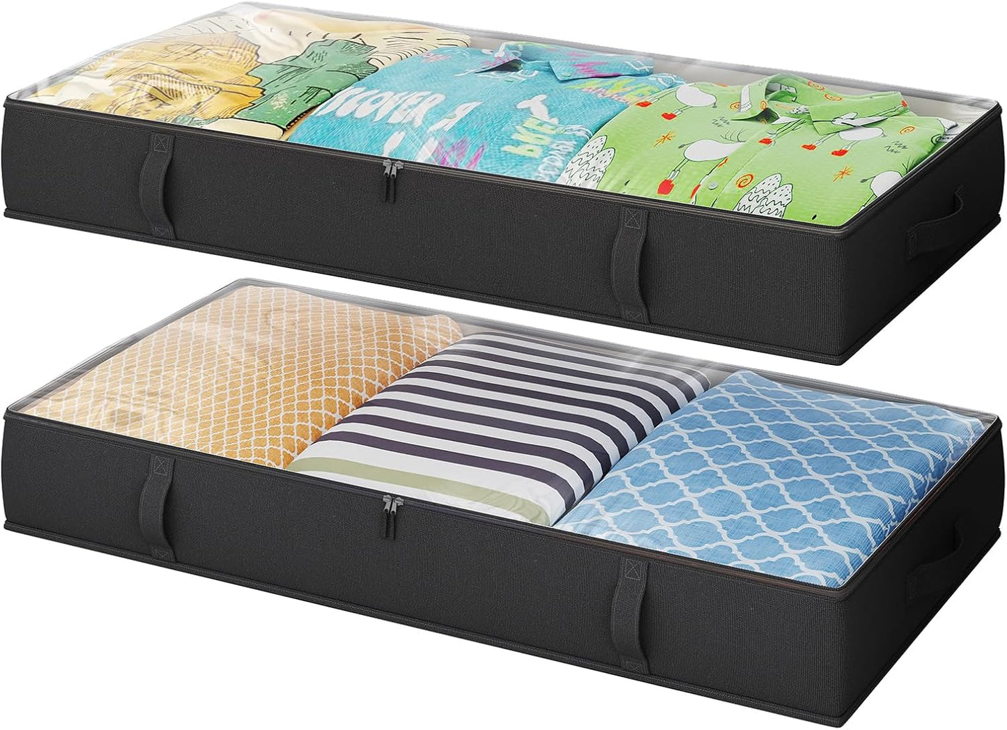 2-Pack Under Bed Storage, 6 Inches Tall Closet Organizers and Storage Bins with Sturdy Sidewalls/Bottom/4 Handles, Black