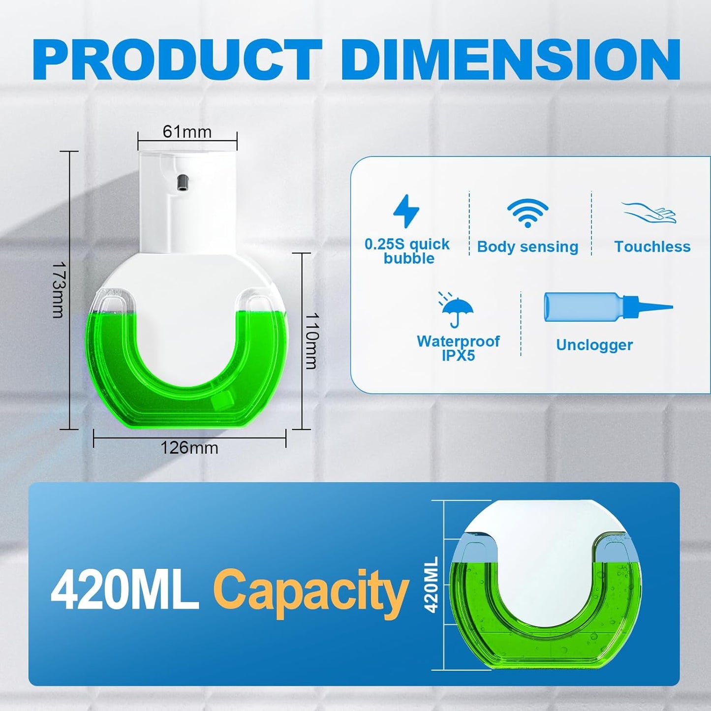 Automatic soap dispenser touchless 15oz/420ml Kitchen Dish Automatic Liquid Soap Dispenser 4 Adjustable Soap Dispensing Levels Wall Mount for Kitchen and Bathroom, Liquid Hand Soap Dispenser