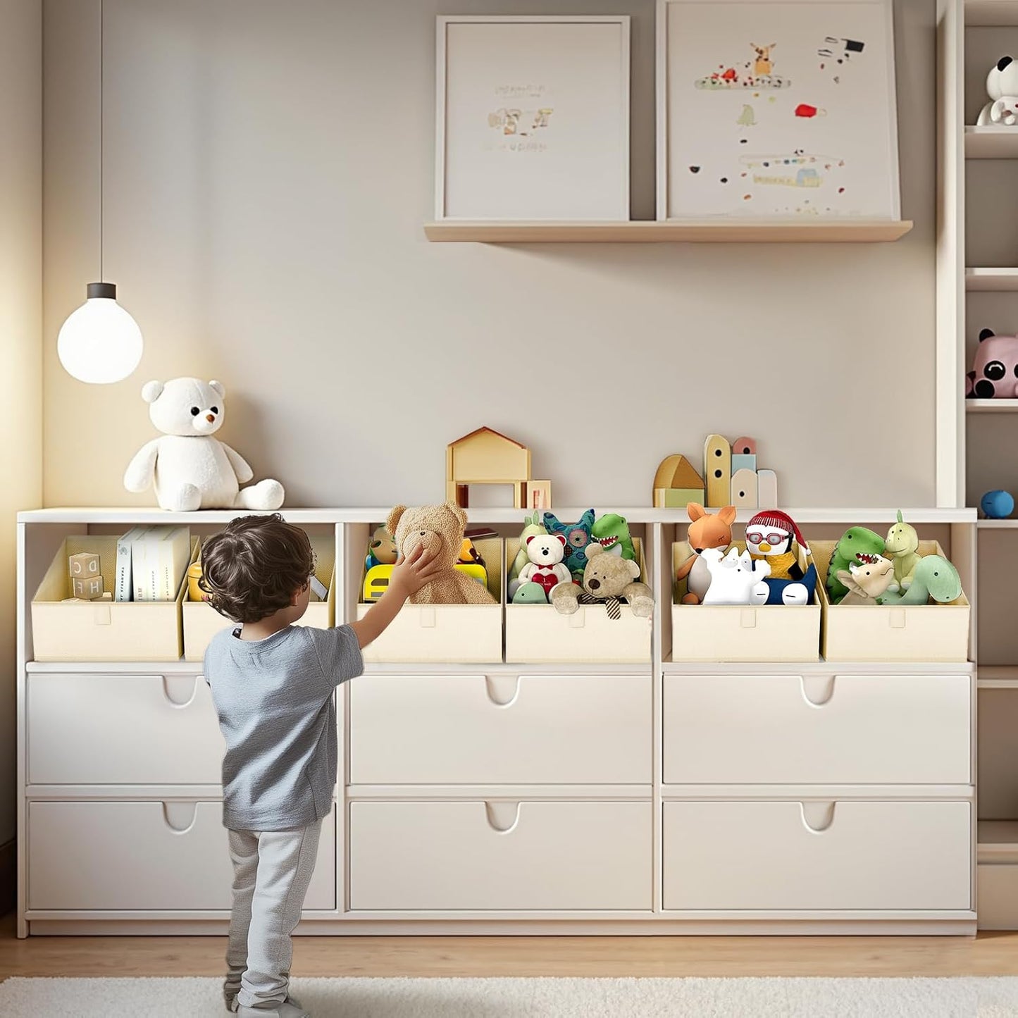 DIMJ Clothing Organizer Storage Boxes - 6 Packs Fabric Traprzoid Storage Bakskets, Fabric Bins for Closet with Front Handle, Closet Cubes Organizer for Parents Renters Students RV Owners (Beige)