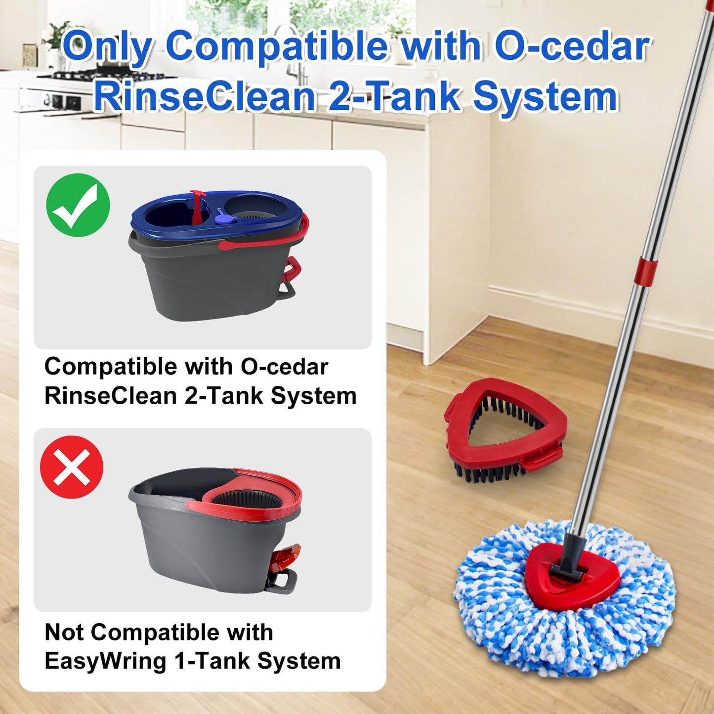 Spin Mop Handle Mop Heads and Base Replacement Sets Compatible with O Cedar EasyWring Rinseclean 2 Tank System, Flexible & Reusable(1 Sets Stainless Steel Handle & 2 Refills & 1 Base & 1 Scrub Brush)