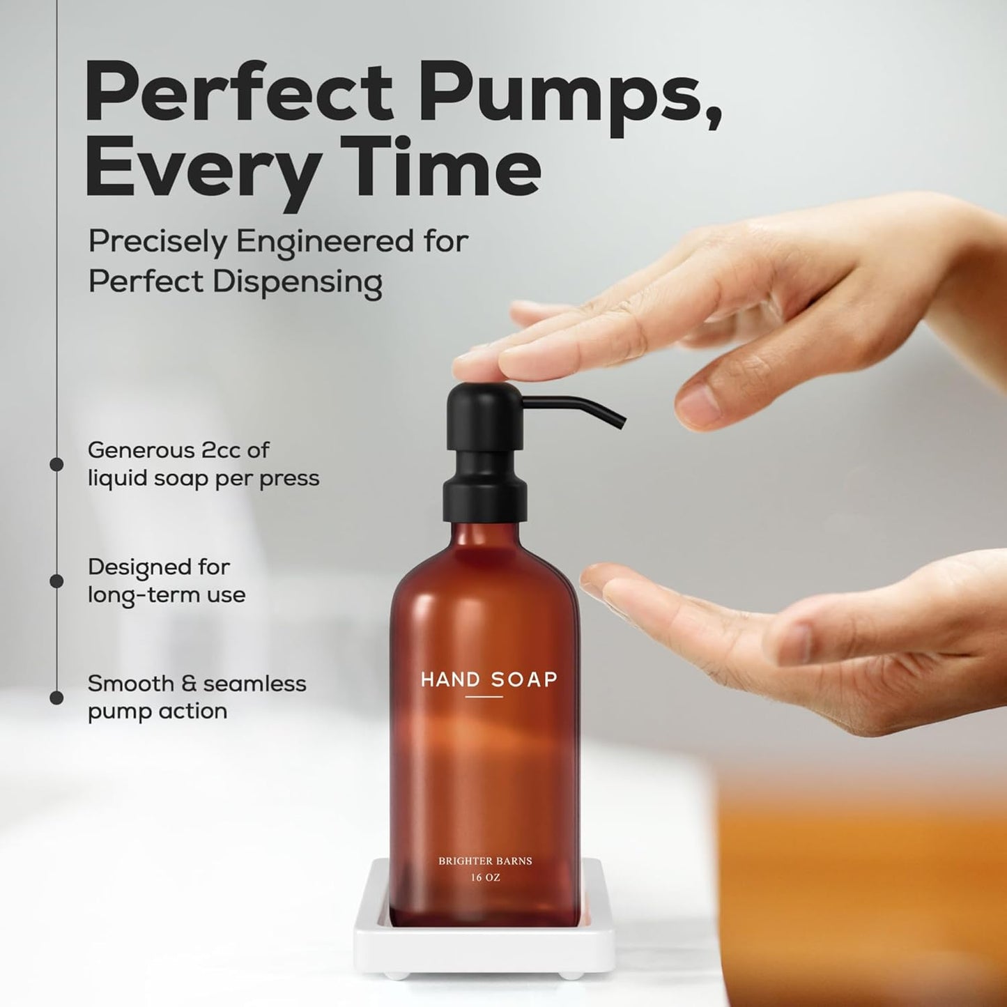 Amber Glass Soap and Lotion Dispenser Set with Tray by Brighter Barns - Hand Soap Dispenser Bathroom Set & Stainless Steel Pump for Home, Restaurant, Spa - Neutral Bathroom Decor & Accessories (Amber)