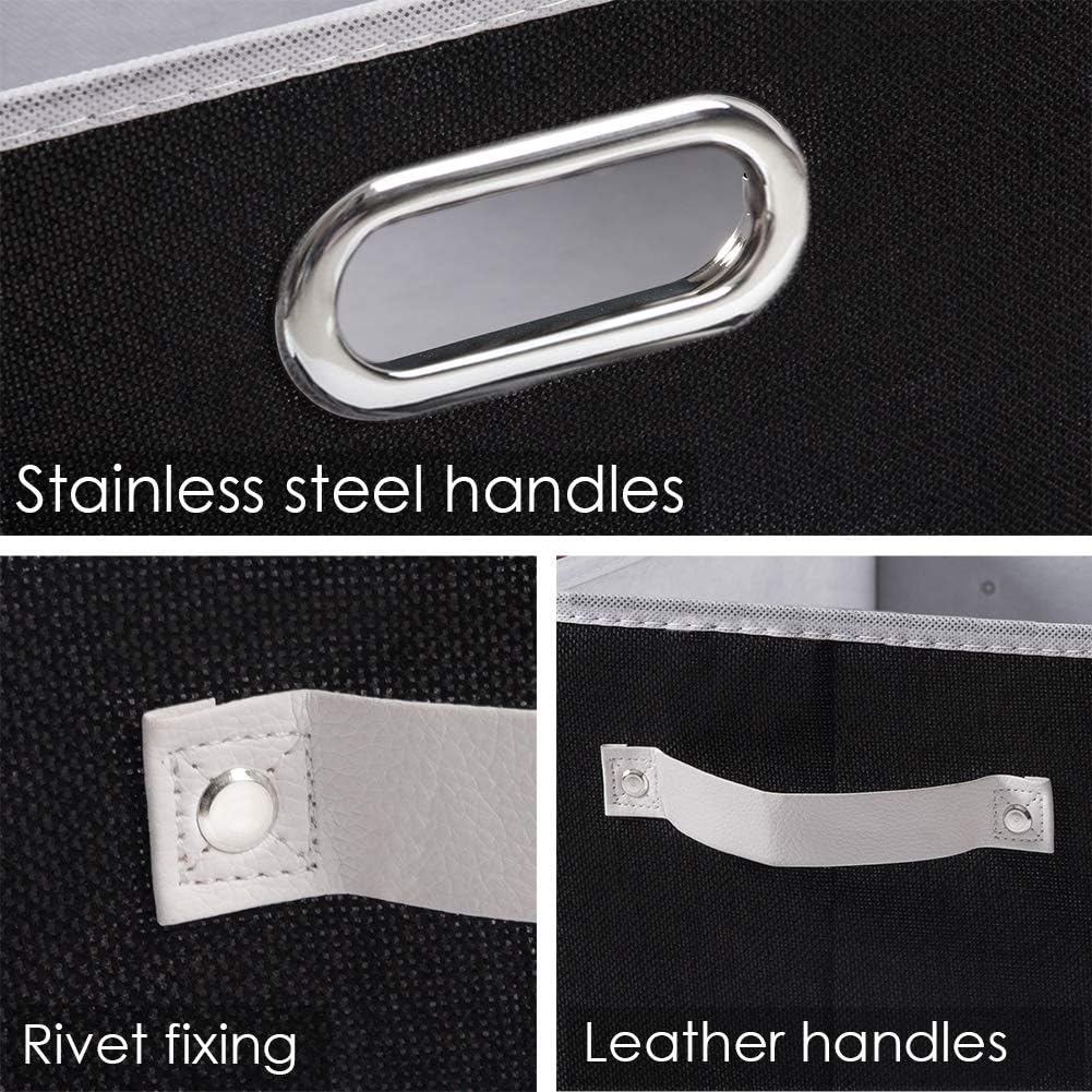 PRANDOM Larger Collapsible Storage Bins for Closet [5-pack] Decorative Linen Fabric Storage Baskets Cubes with Leather/Metal Handles for Living Room Black (17.3x12.2x10.4 Inch)