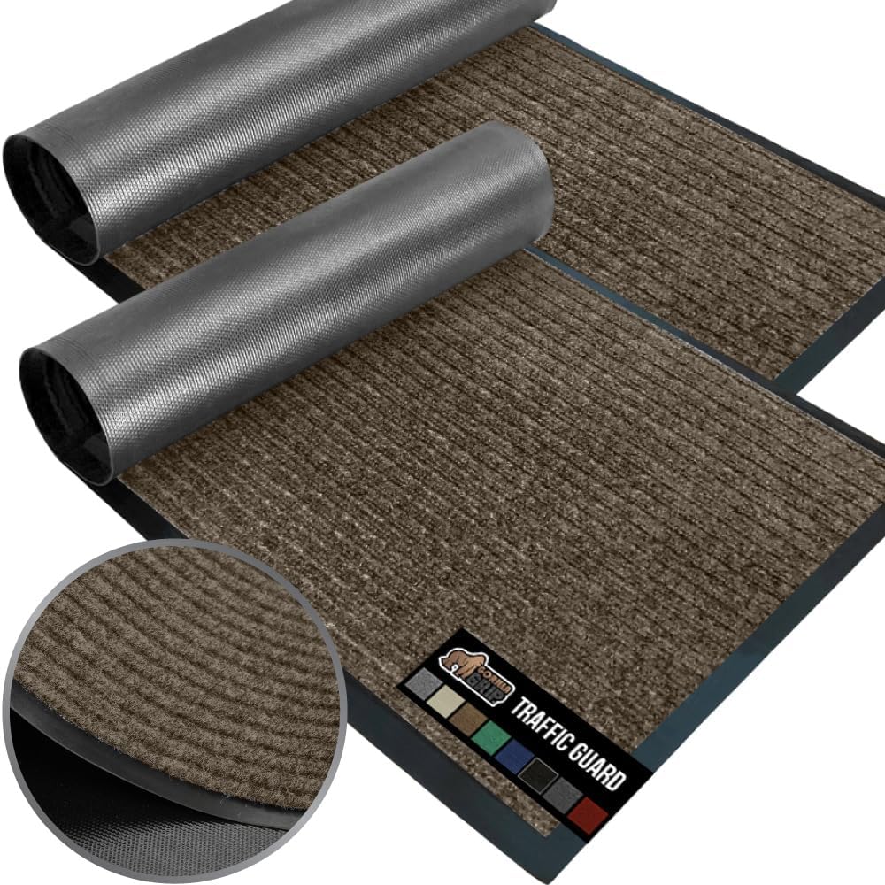 GORILLA GRIP Traffic Guard Door Mat, 2 Pack, Heavy Duty Waterproof Doormat, Commercial Office Space Welcome Mats, Stain and Fade Resistant, Low Profile, Strong Rubber Backing, 35x23, Brown