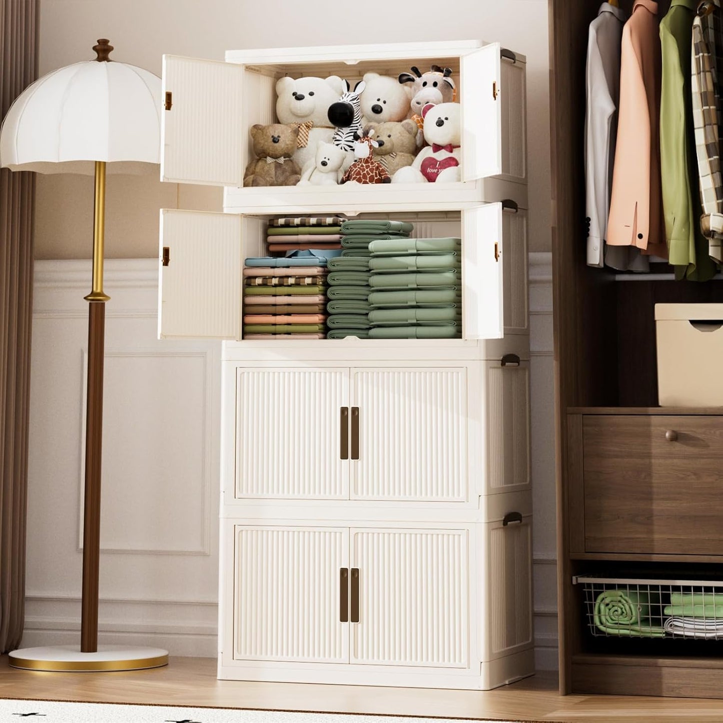 Stackable Storage Bins with 1 lid Stackable Storage Drawers for Clothes, Collapsible Stackable Storage Bins for Clothes, Home, Office (4 tiers)