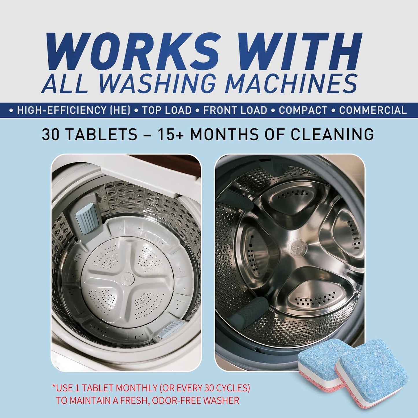 Washing Machine Cleaner Tablets 30 Pack - HE Top Load & Front Load Washer Cleaner, Eco Friendly Septic Safe, 3 Layers Deep Cleaning, Descaler & Deodorizer, 1+ Year Supply (30 Count